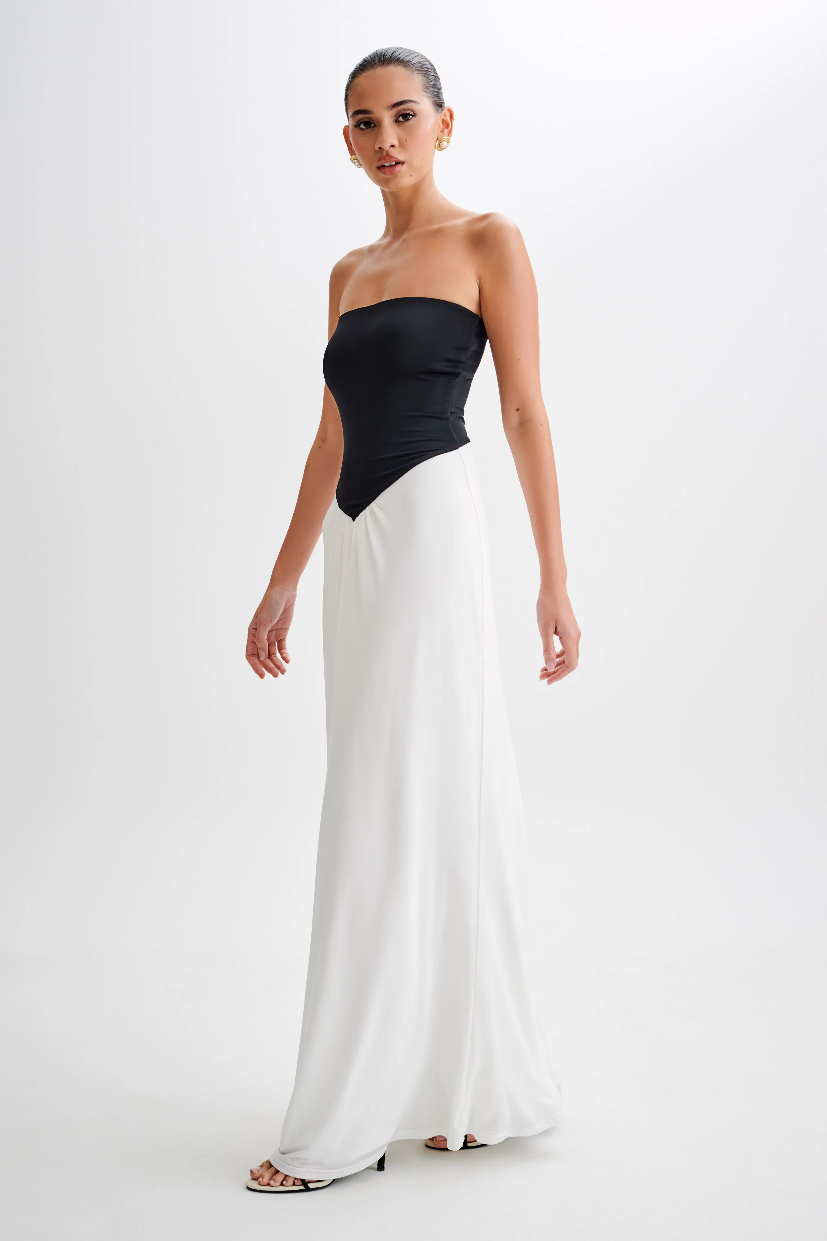 Ruby Strapless Slinky Maxi Dress - Black/White sold by Meshki product image thumbnail 4