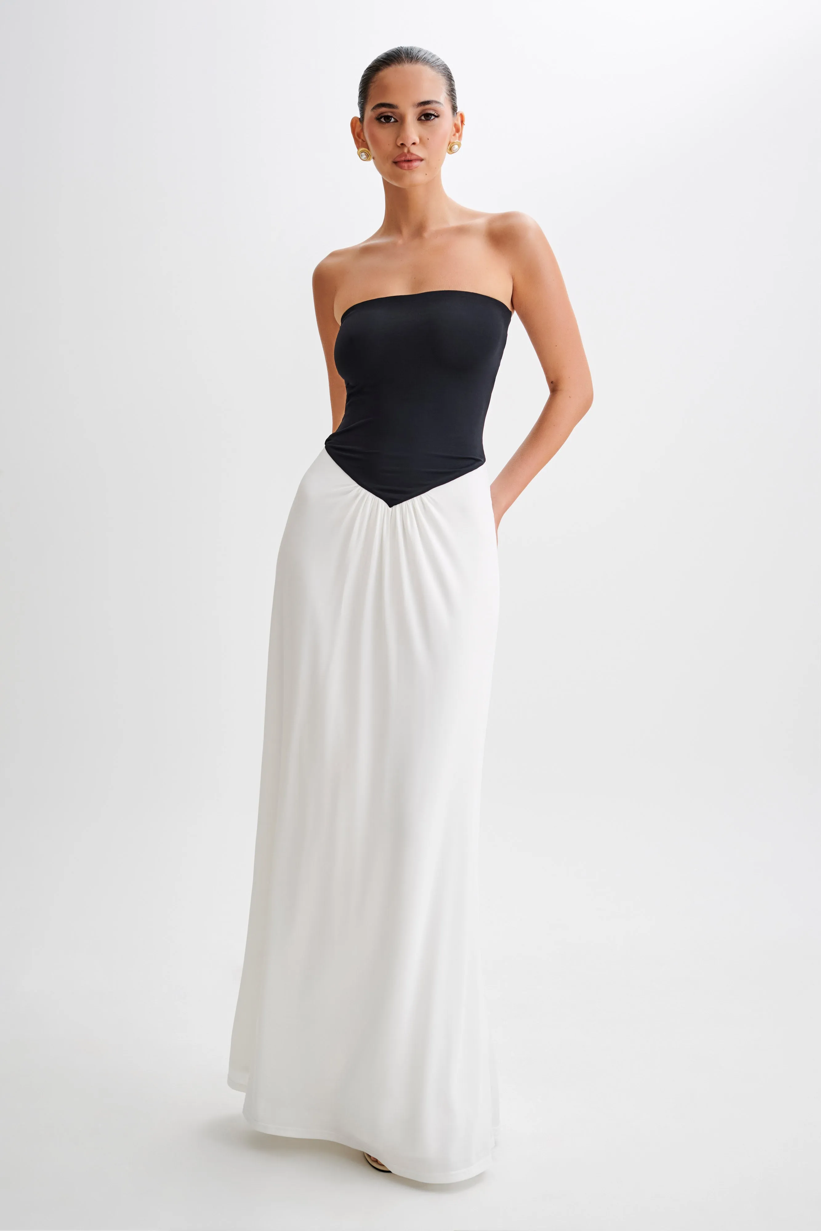Ruby Strapless Slinky Maxi Dress - Black/White sold by Meshki