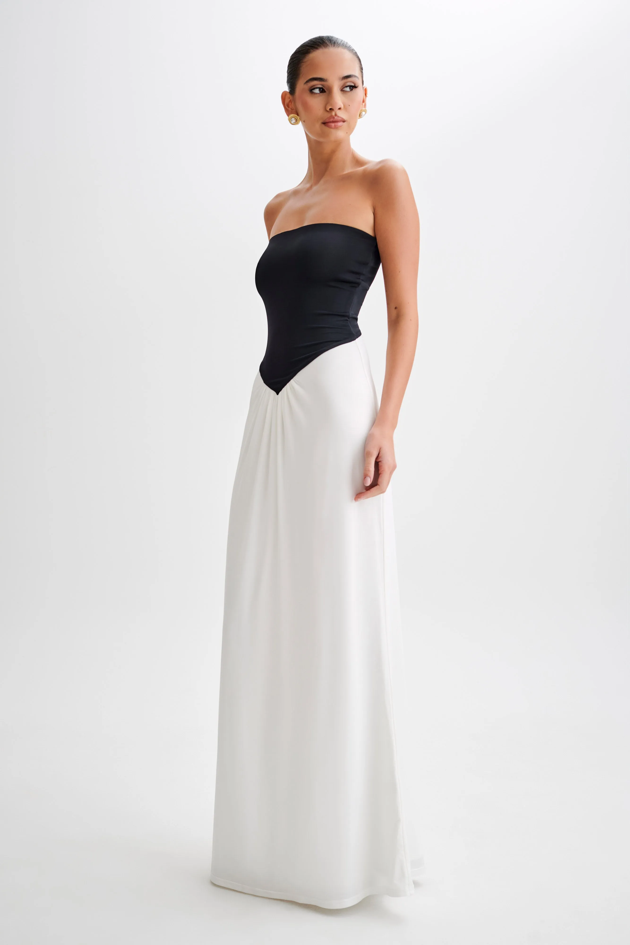 Ruby Strapless Slinky Maxi Dress - Black/White sold by Meshki product image thumbnail 5