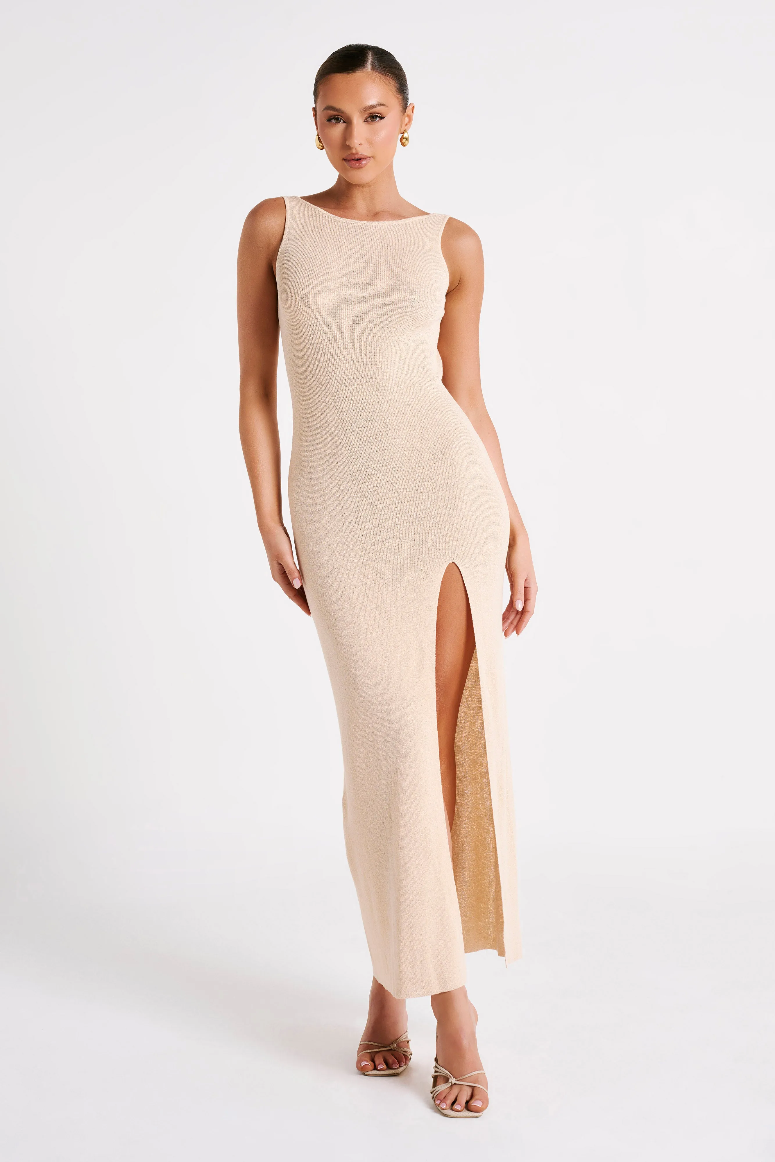 Maxine Sheer Knit Maxi Dress - Wheat sold by Meshki