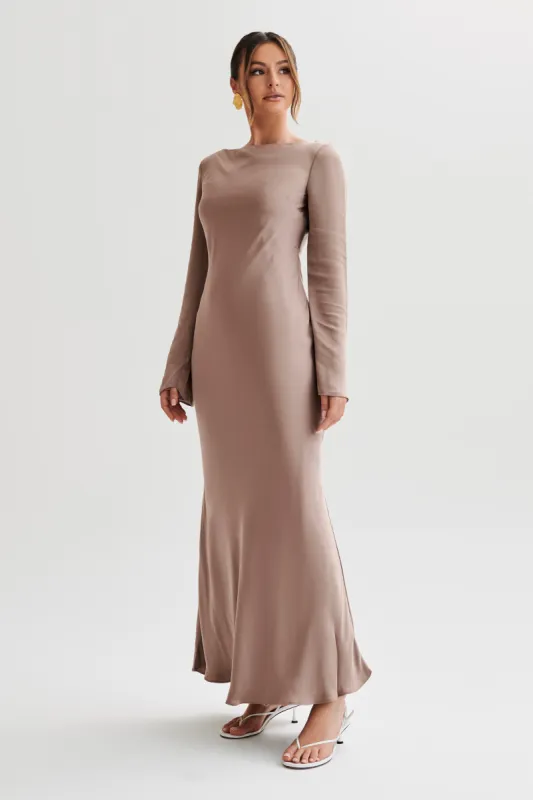 Rayleigh Long Sleeve Satin Maxi Dress - Mocha made by Meshki