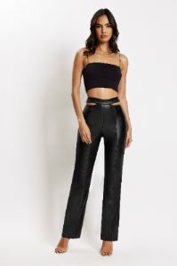 Callie Faux Leather Cut Out Side Straight Leg Pant - Black sold by Meshki