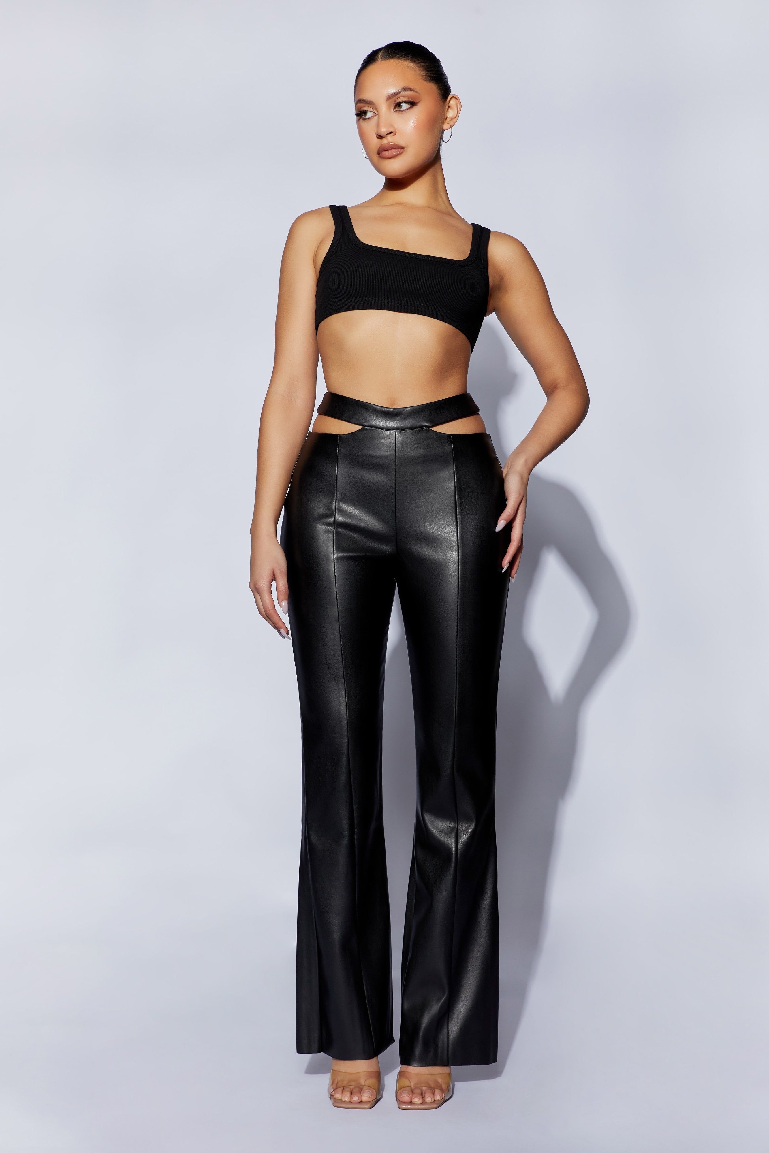 Callie Faux Leather Cut Out Side Straight Leg Pant - Black sold by Meshki product image thumbnail 5