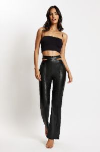 Callie Faux Leather Cut Out Side Straight Leg Pant - Black sold by Meshki