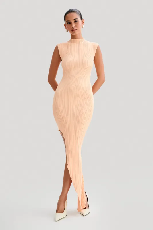 Arden Asymmetrical Rib Knit Maxi Dress - Light Peach sold by Meshki
