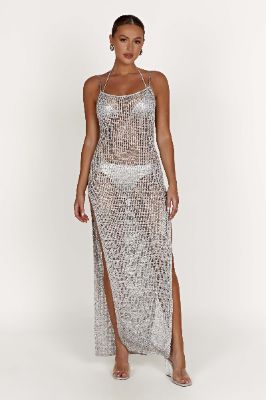 Zelda Sequin Crochet Maxi Dress - Silver sold by Meshki