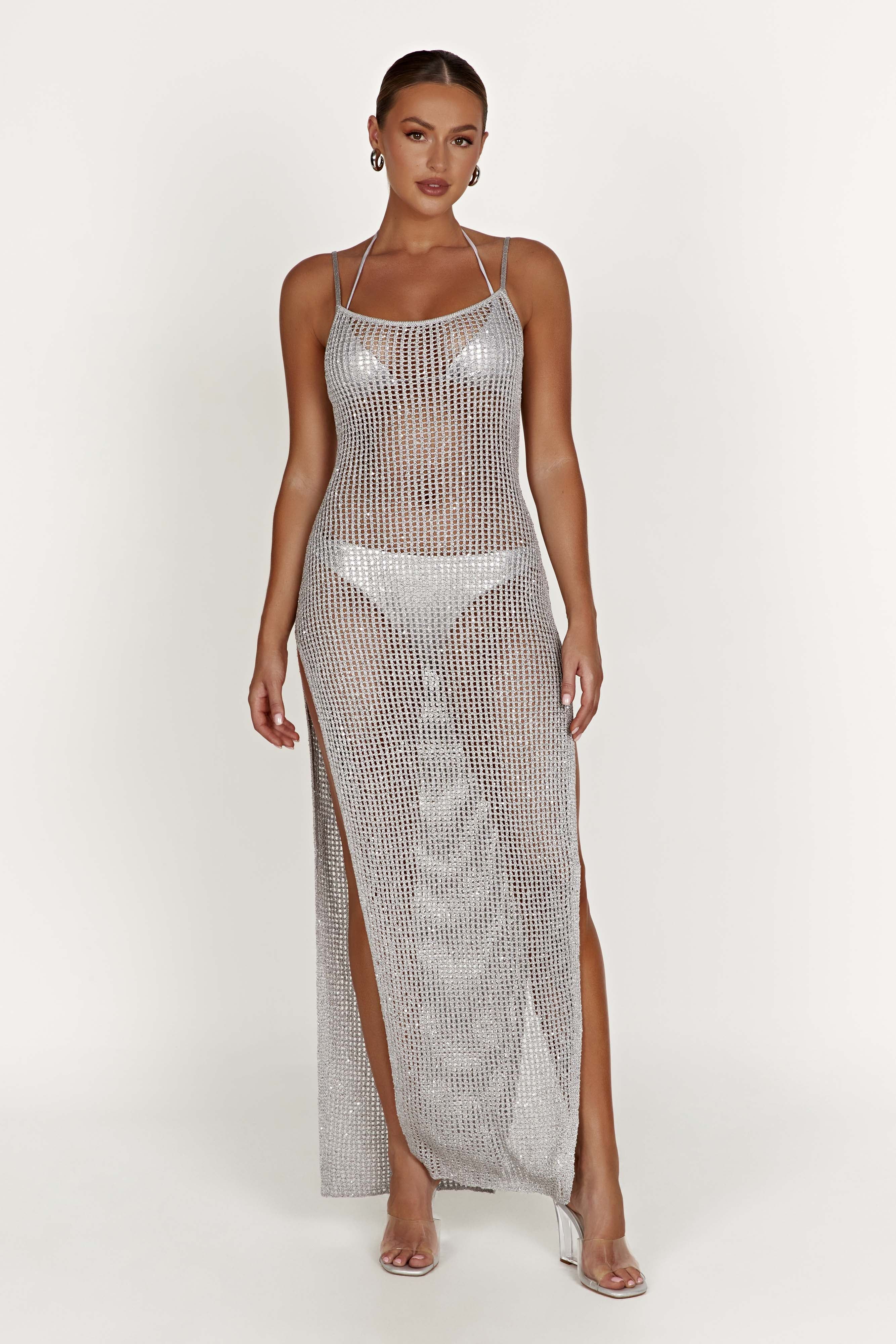 Zelda Sequin Crochet Maxi Dress - Silver sold by Meshki
