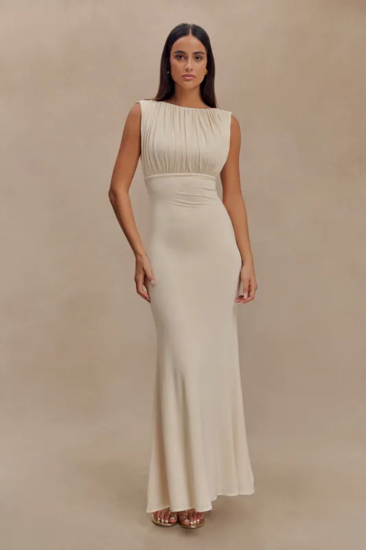 Malia Slinky Ruched Maxi Dress - Ivory sold by Meshki