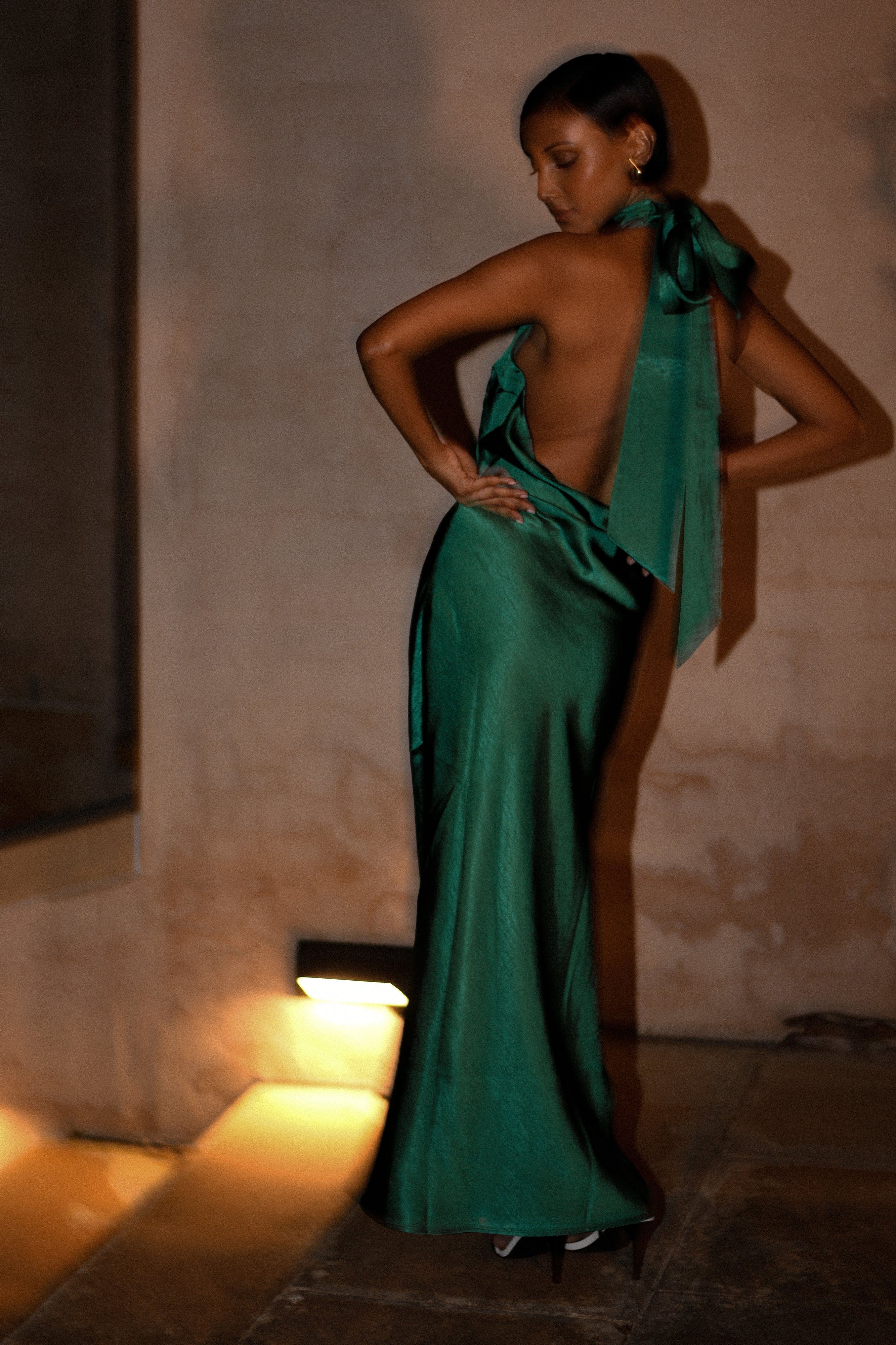 Paulette Satin Maxi Dress With Bow - Emerald sold by Meshki product image thumbnail 2
