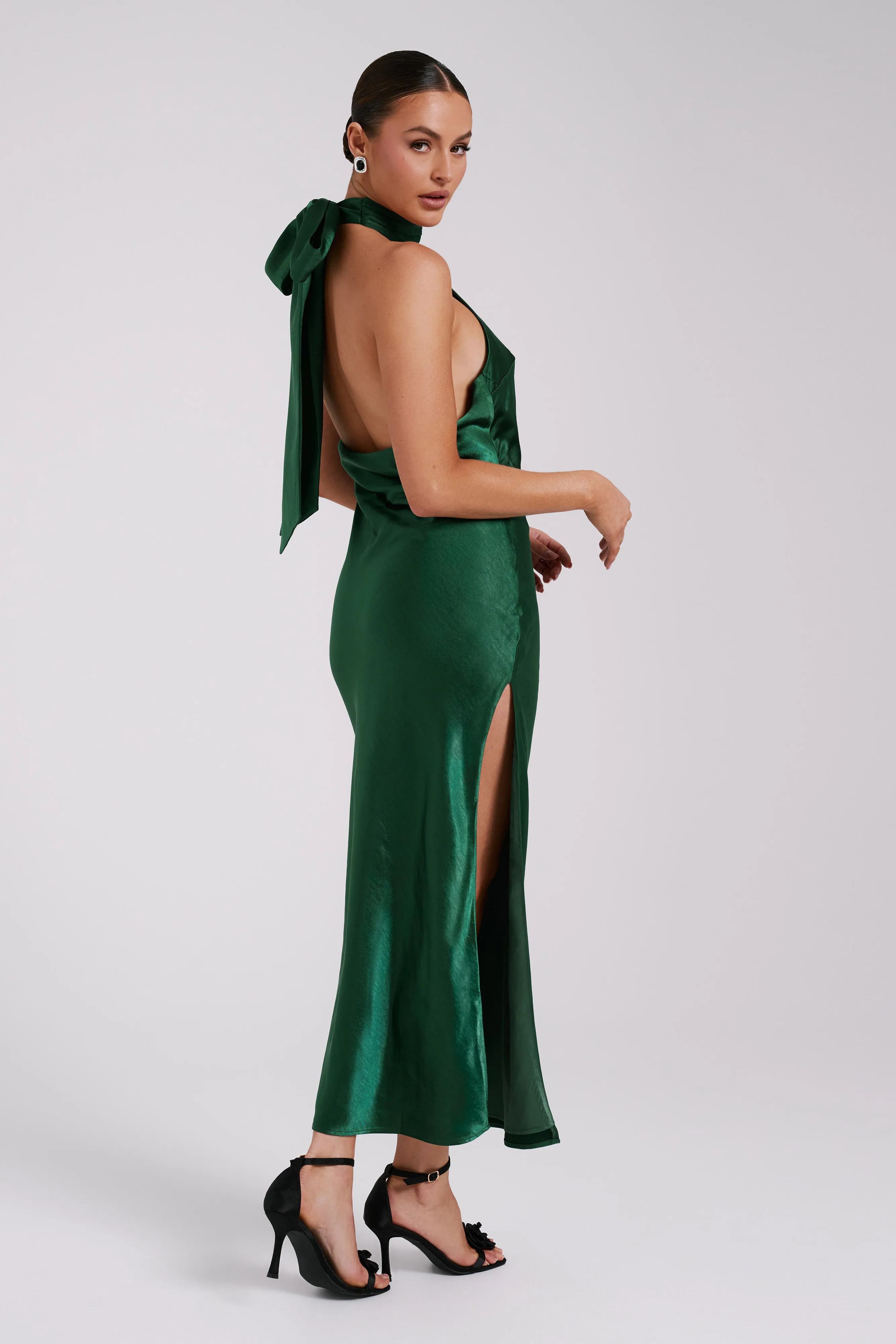 Paulette Satin Midi Dress With Bow - Emerald sold by Meshki product image thumbnail 4