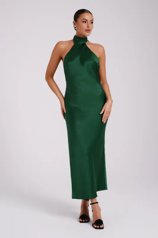 Paulette Satin Midi Dress With Bow - Emerald sold by Meshki