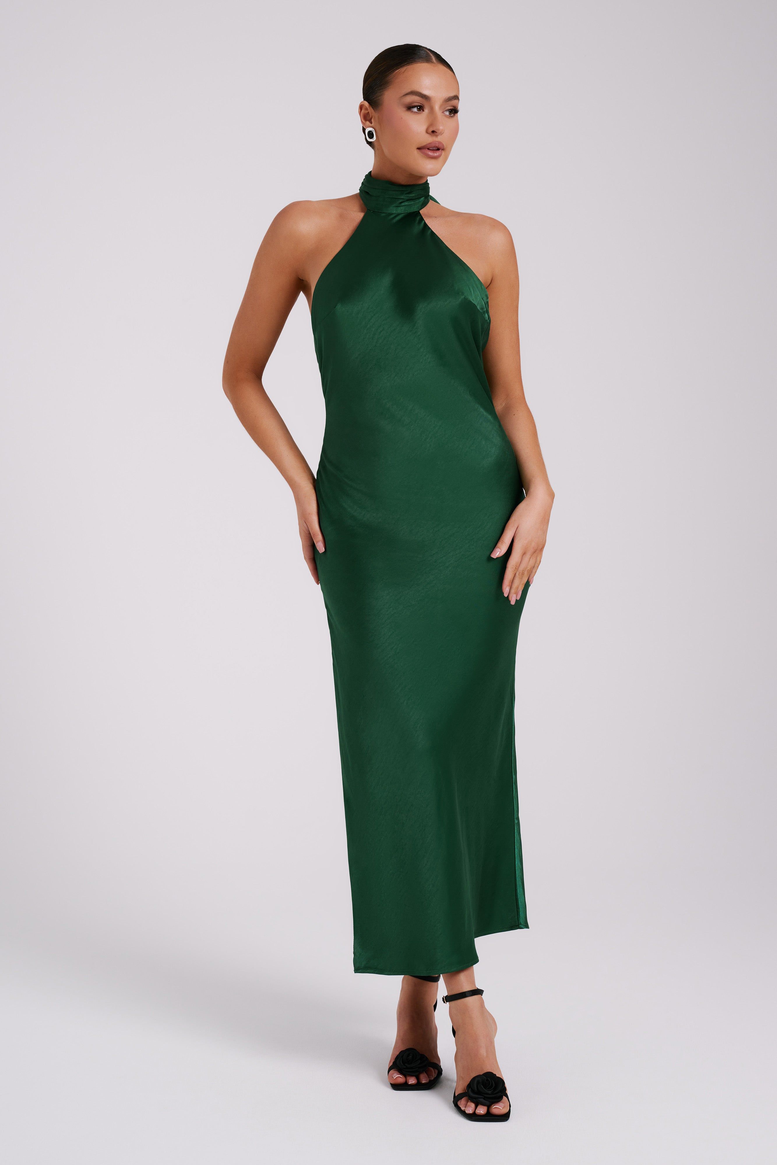 Paulette Satin Maxi Dress With Bow - Emerald sold by Meshki