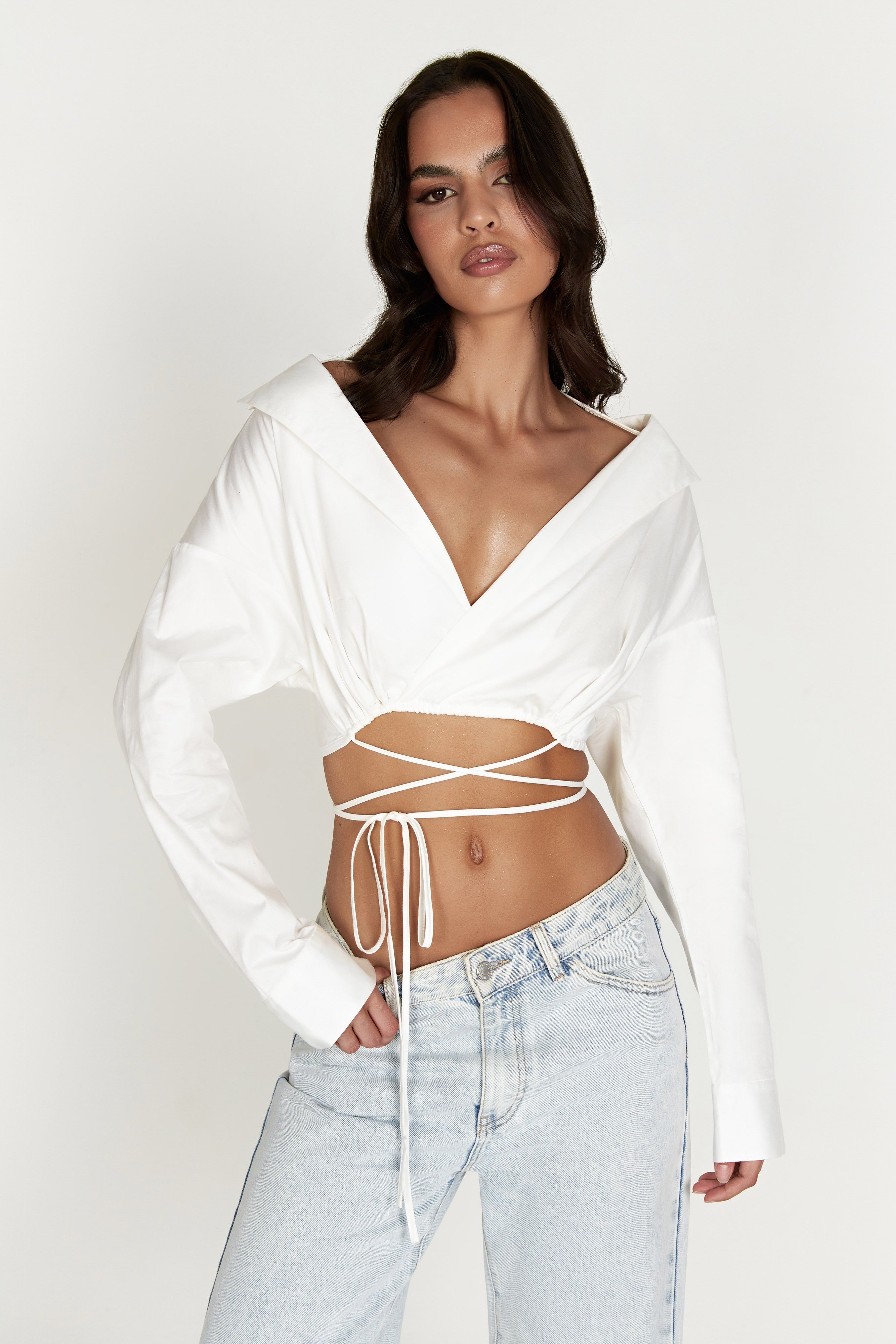 Freya Off Shoulder Long Sleeve Shirt - White sold by Meshki product image thumbnail 3