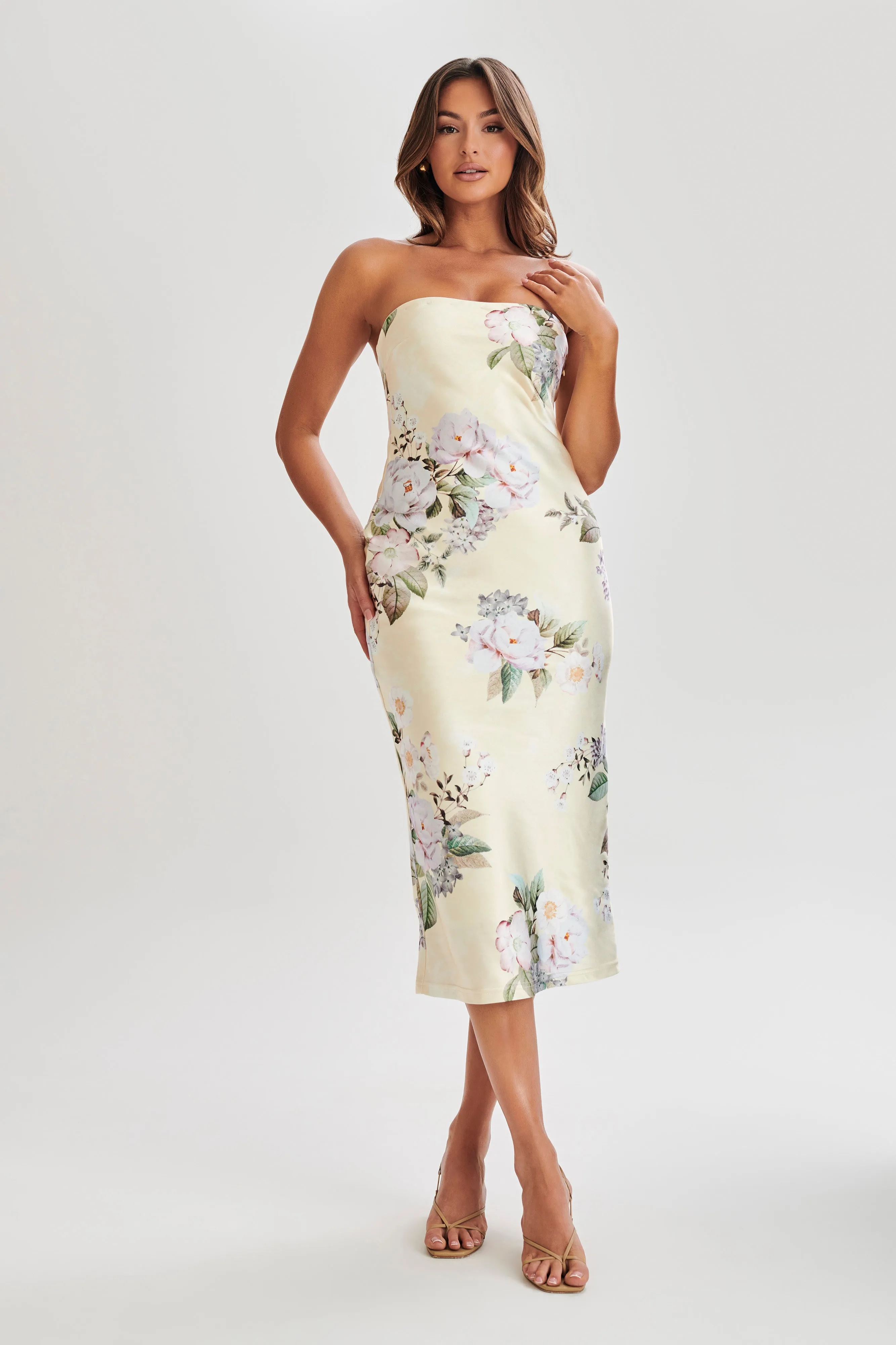 Tyler Strapless Satin Midi Dress - Lemon Floral Print sold by Meshki product image thumbnail 4