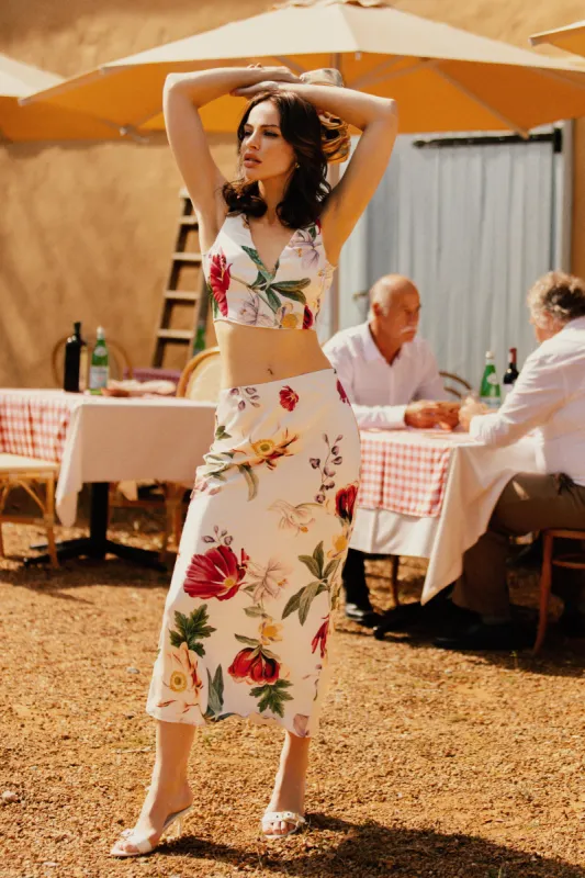 Viviana Satin Midi Skirt - Bella Rosa Print sold by Meshki