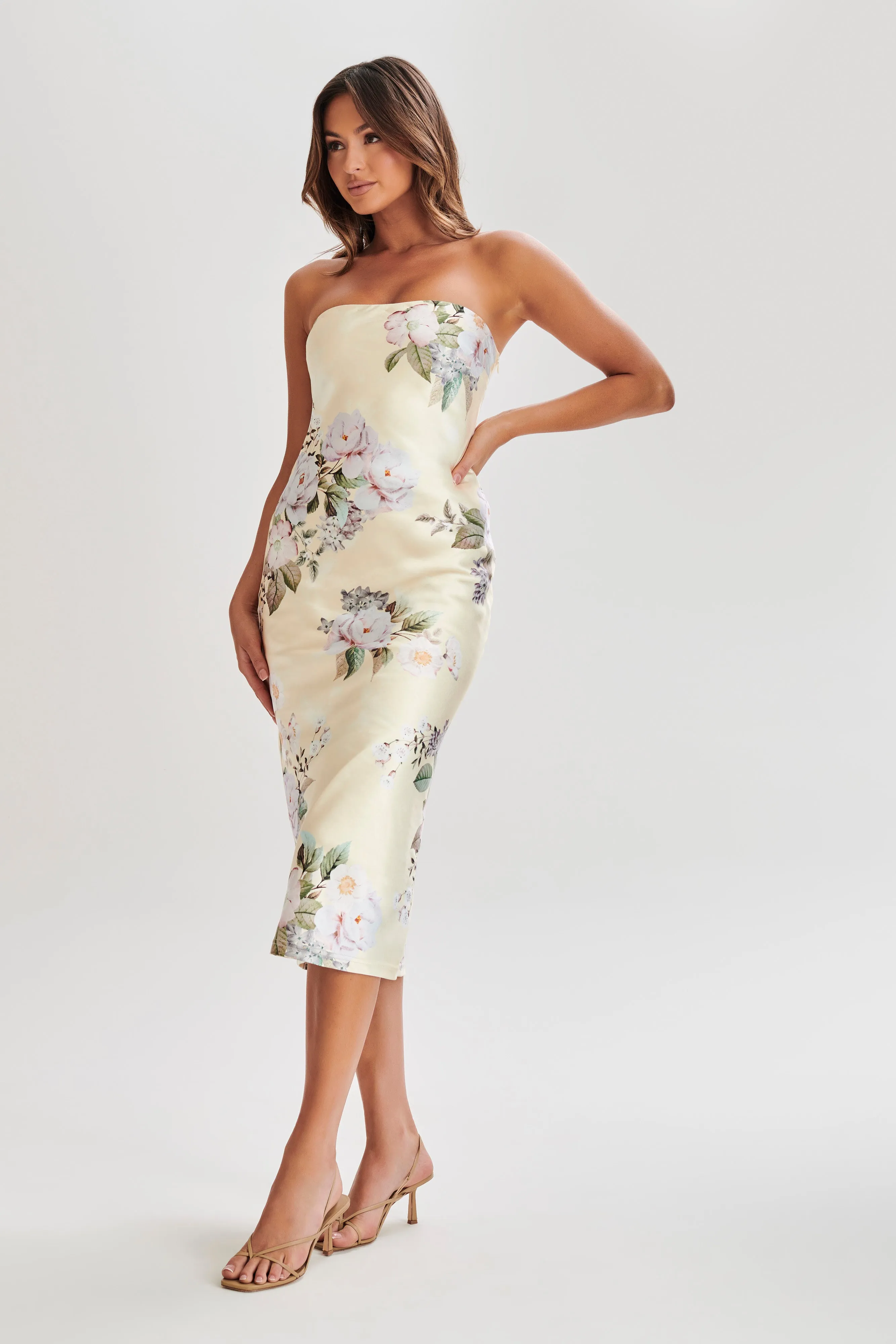 Tyler Strapless Satin Midi Dress - Lemon Floral Print sold by Meshki product image thumbnail 5
