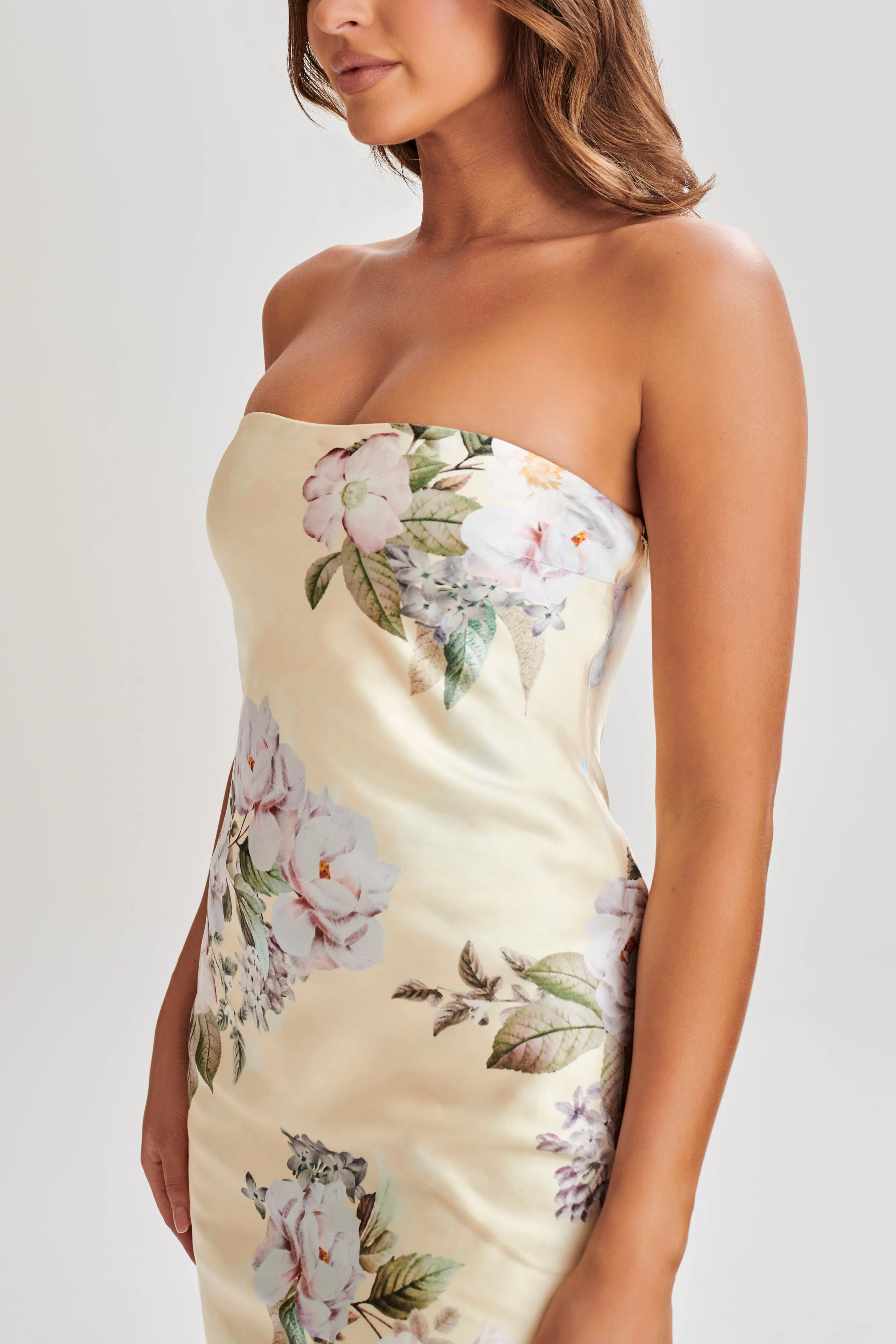 Tyler Strapless Satin Midi Dress - Lemon Floral Print sold by Meshki product image thumbnail 2