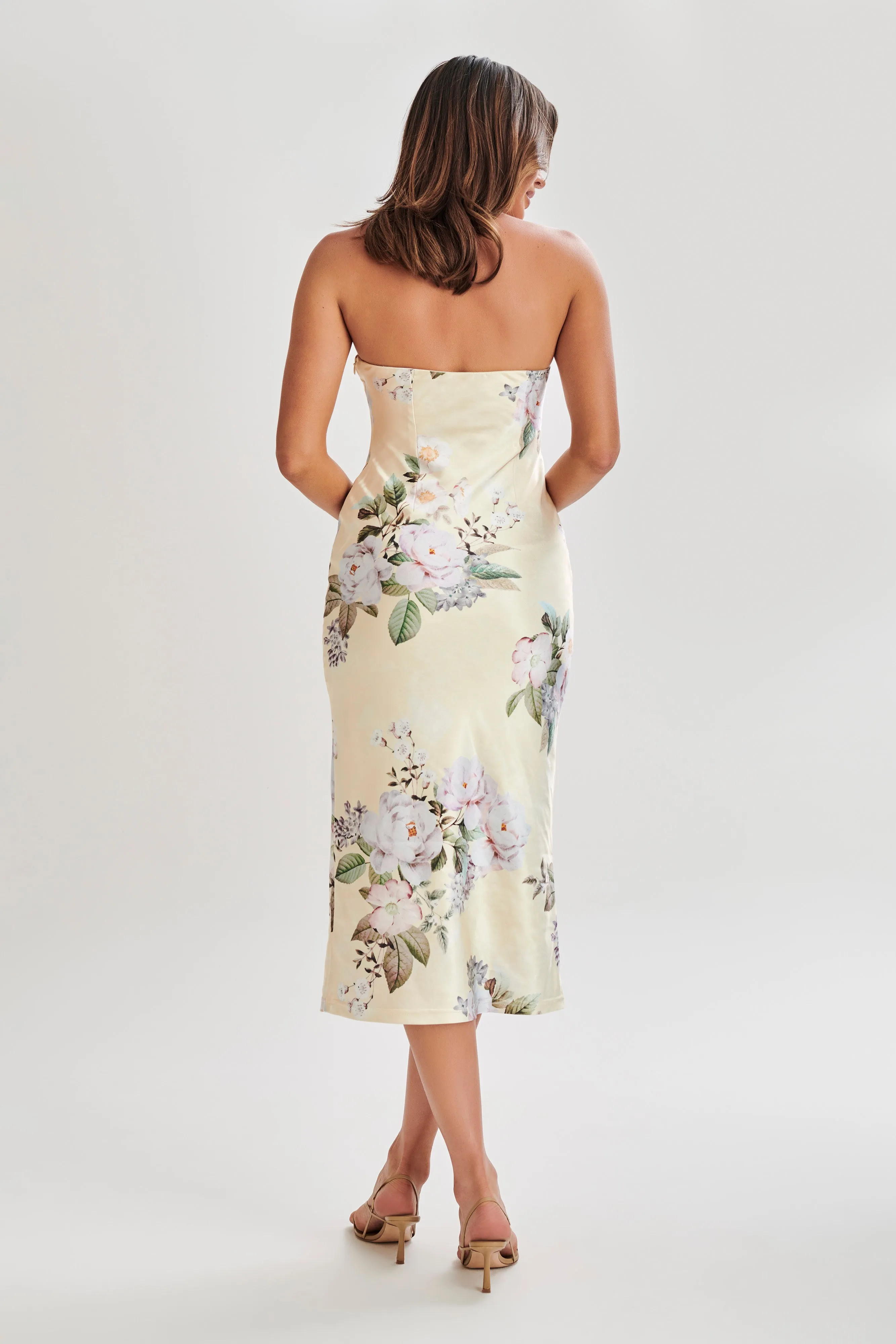 Tyler Strapless Satin Midi Dress - Lemon Floral Print sold by Meshki product image thumbnail 3