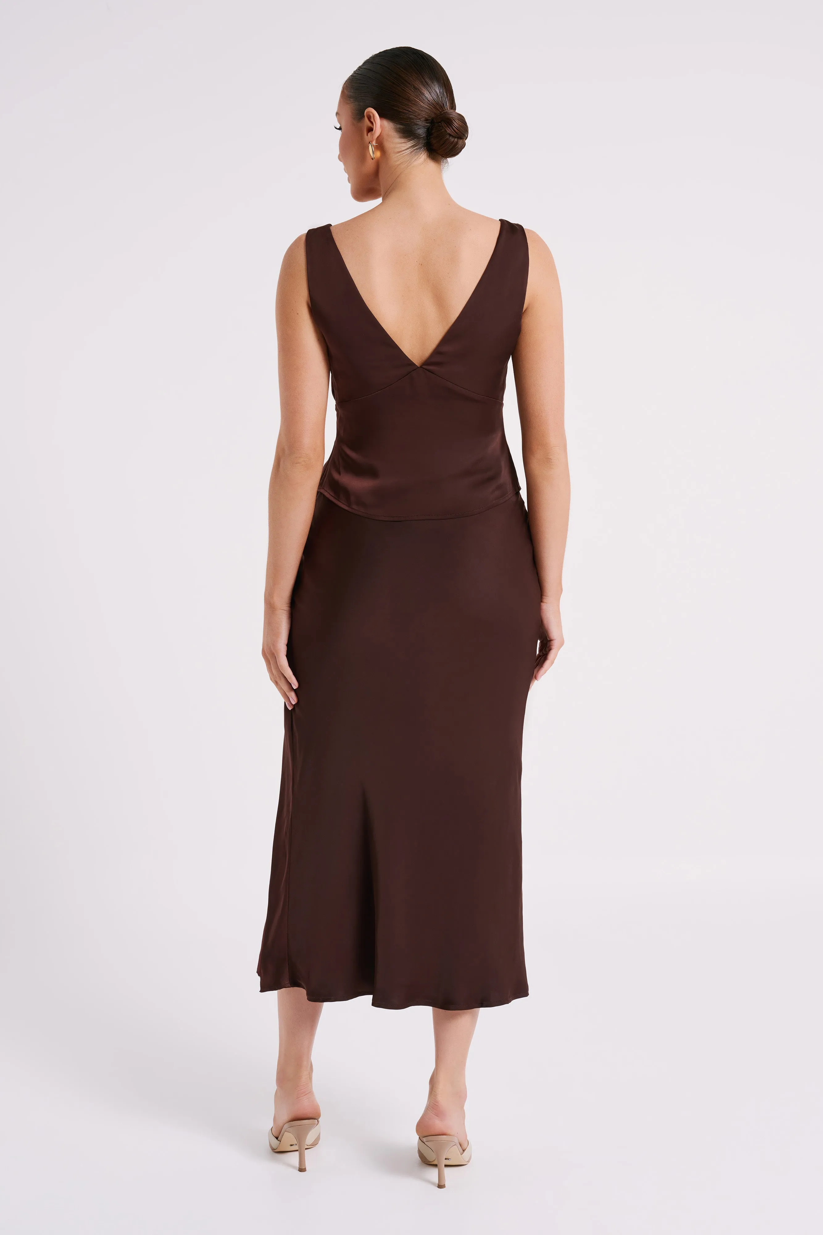 Edie Satin Midi Skirt With Tie - Dark Chocolate sold by Meshki product image thumbnail 5