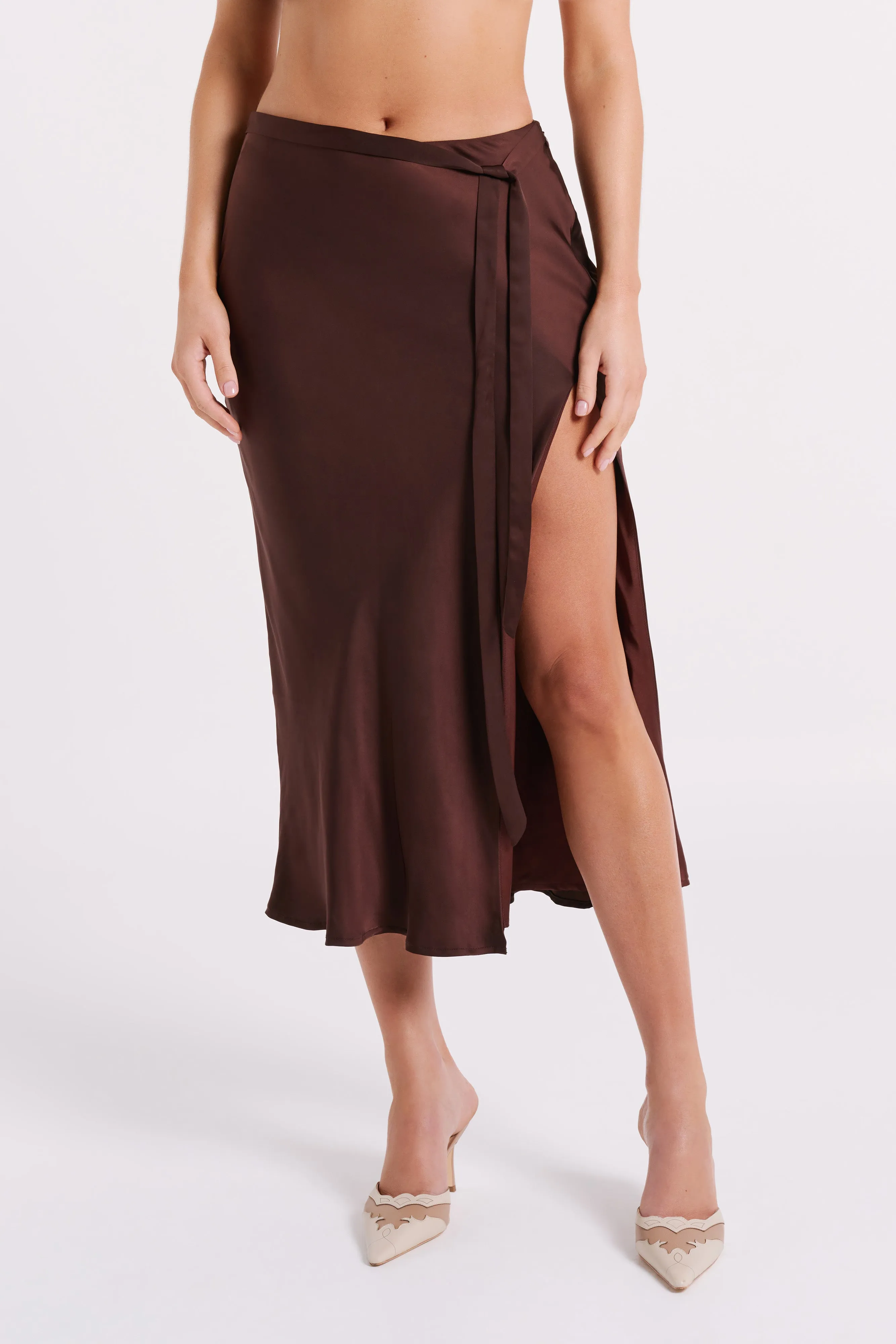 Edie Satin Midi Skirt With Tie - Dark Chocolate sold by Meshki product image thumbnail 2