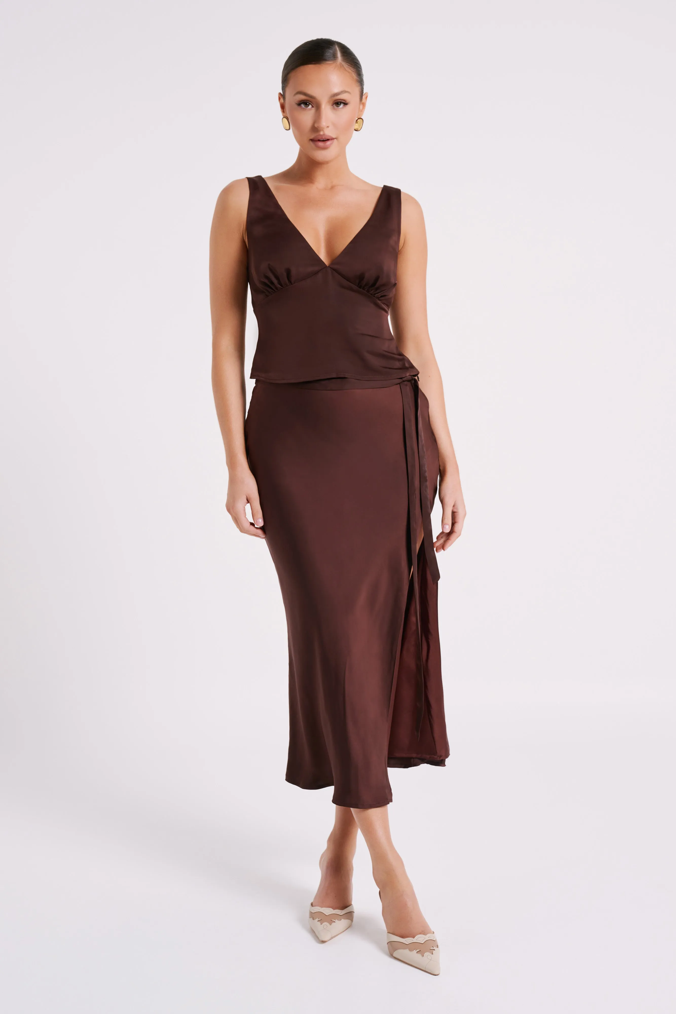 Edie Satin Midi Skirt With Tie - Dark Chocolate sold by Meshki product image thumbnail 4