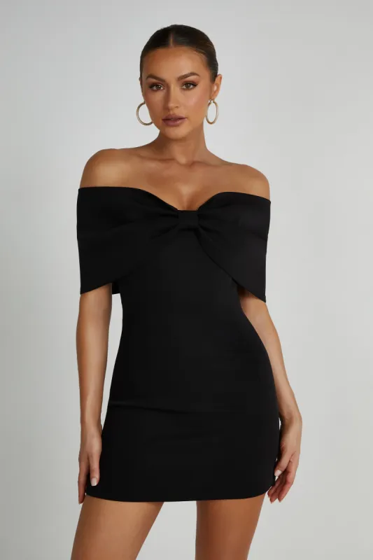 Gwyneth Off Shoulder Bow Mini Dress - Black sold by Meshki
