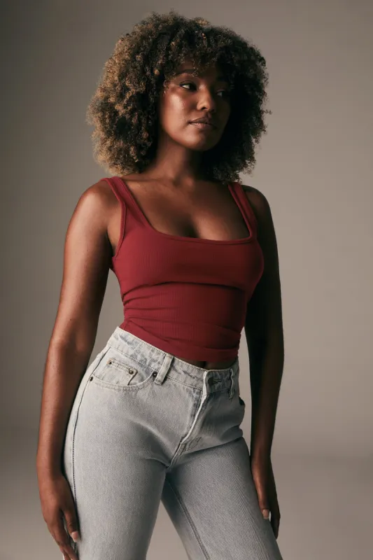 Meghan Square Neck Ribbed Top - Cherry Chocolate sold by Meshki