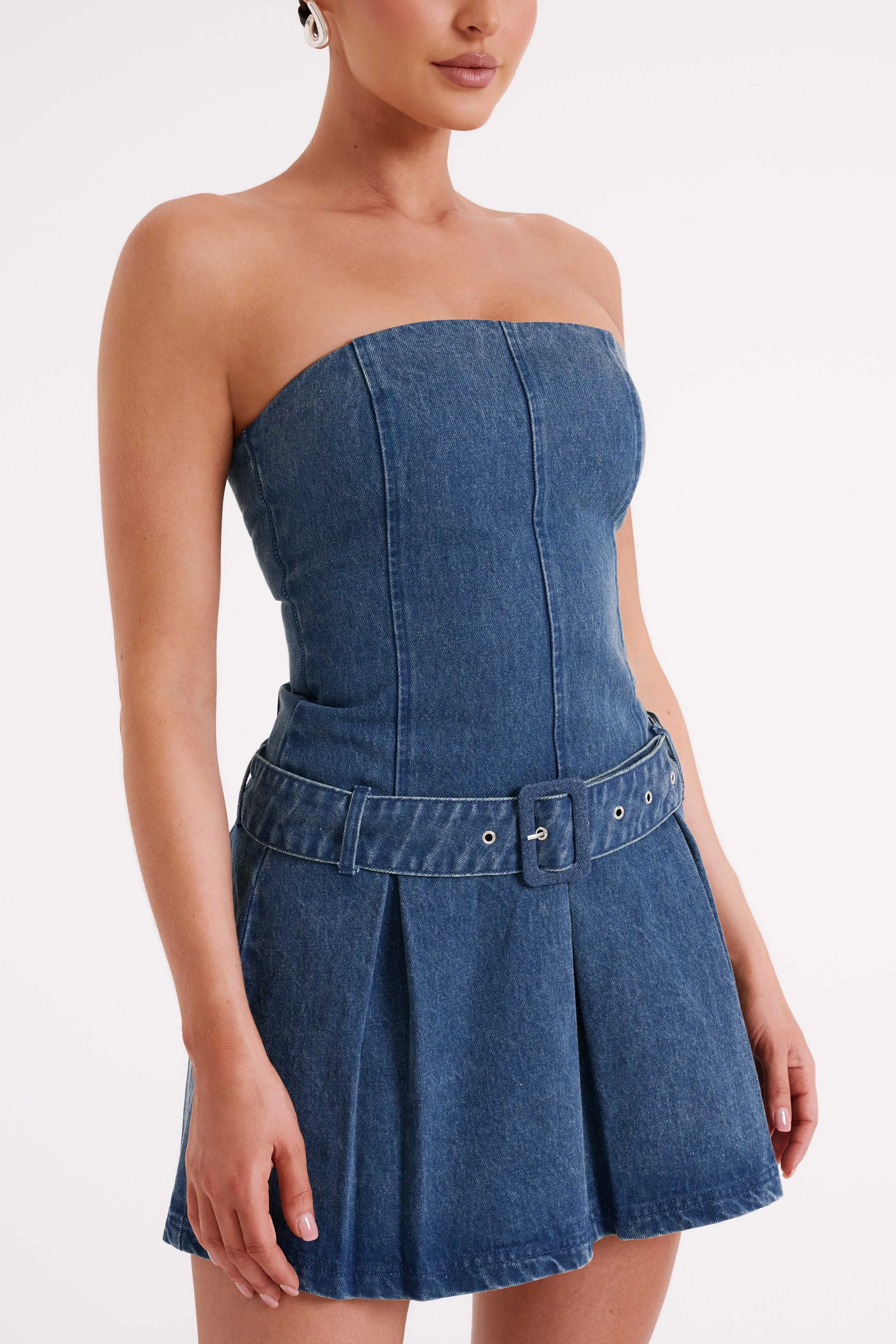 Lee Denim Pleated Mini Dress - Dark Blue sold by Meshki product image thumbnail 2