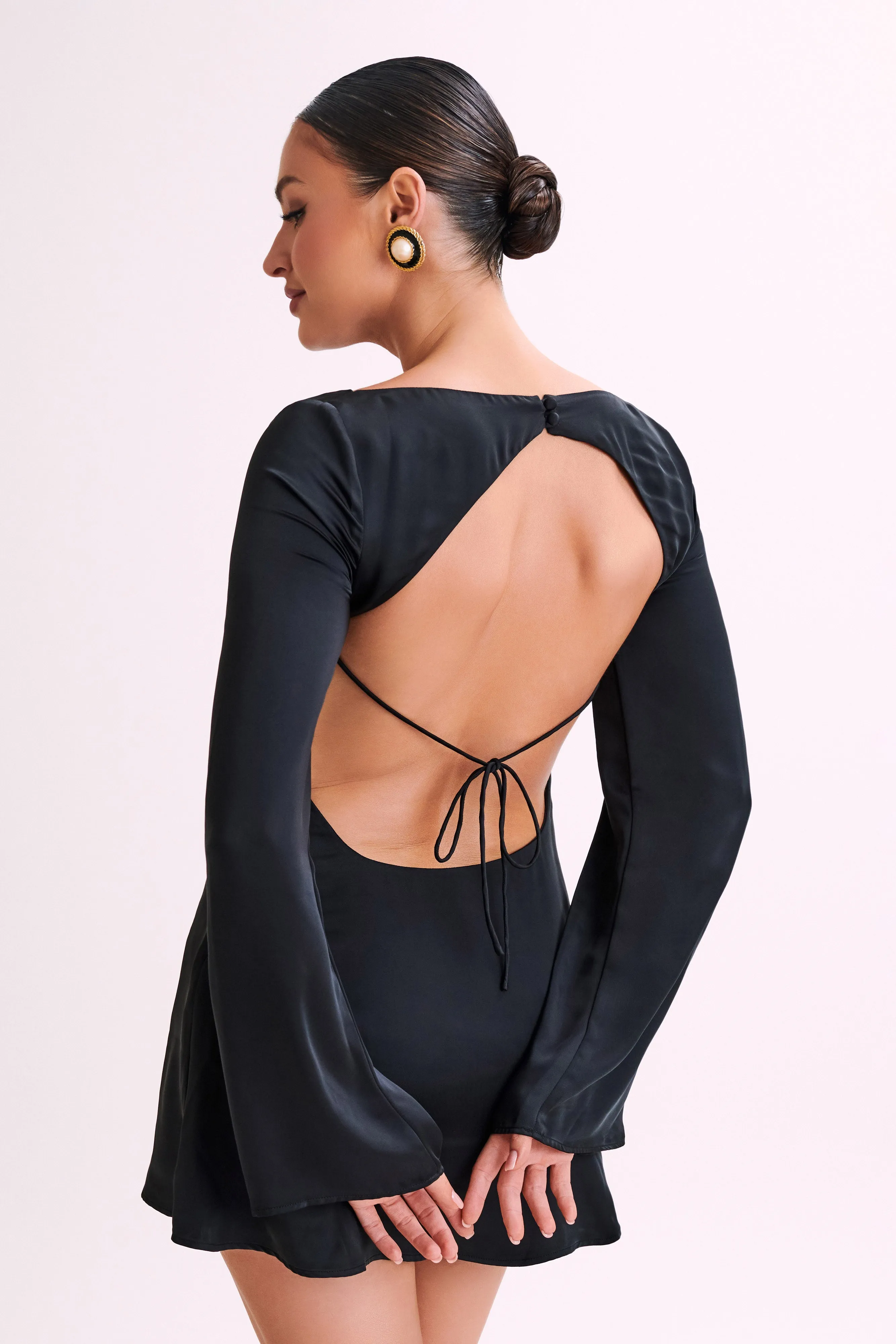 Ariana Satin Mini Dress With Cowl - Black sold by Meshki