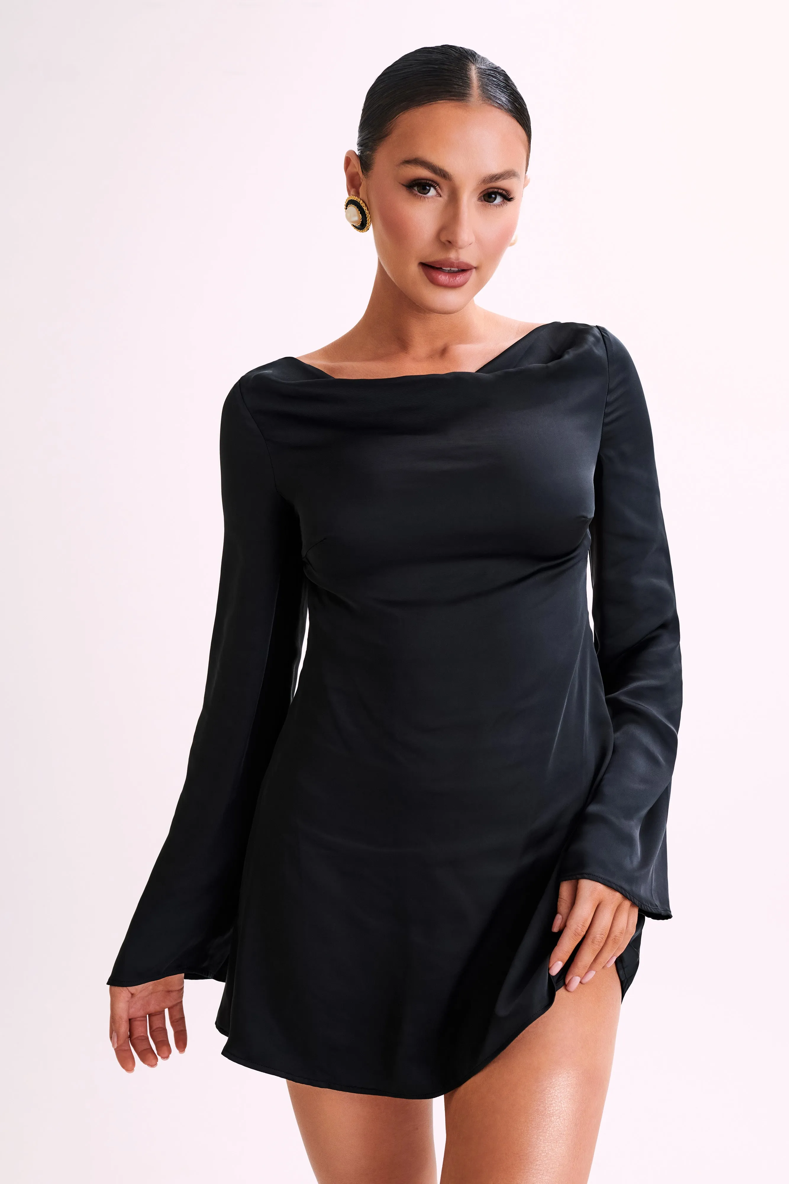 Ariana Satin Mini Dress With Cowl - Black sold by Meshki product image thumbnail 2
