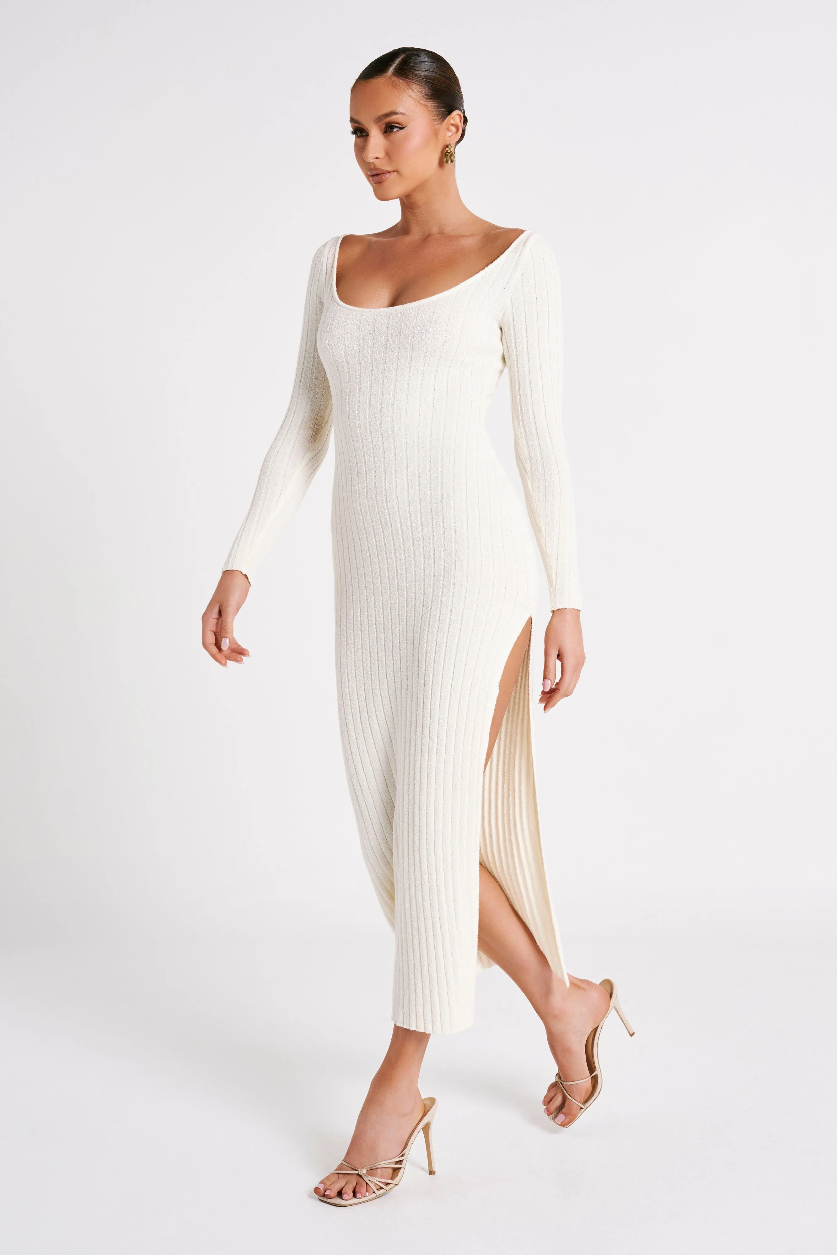 Zinnia Knit Maxi Dress With Split - White sold by Meshki product image thumbnail 4