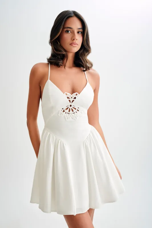 Muriel Cotton Mini Dress With Crochet - White sold by Meshki
