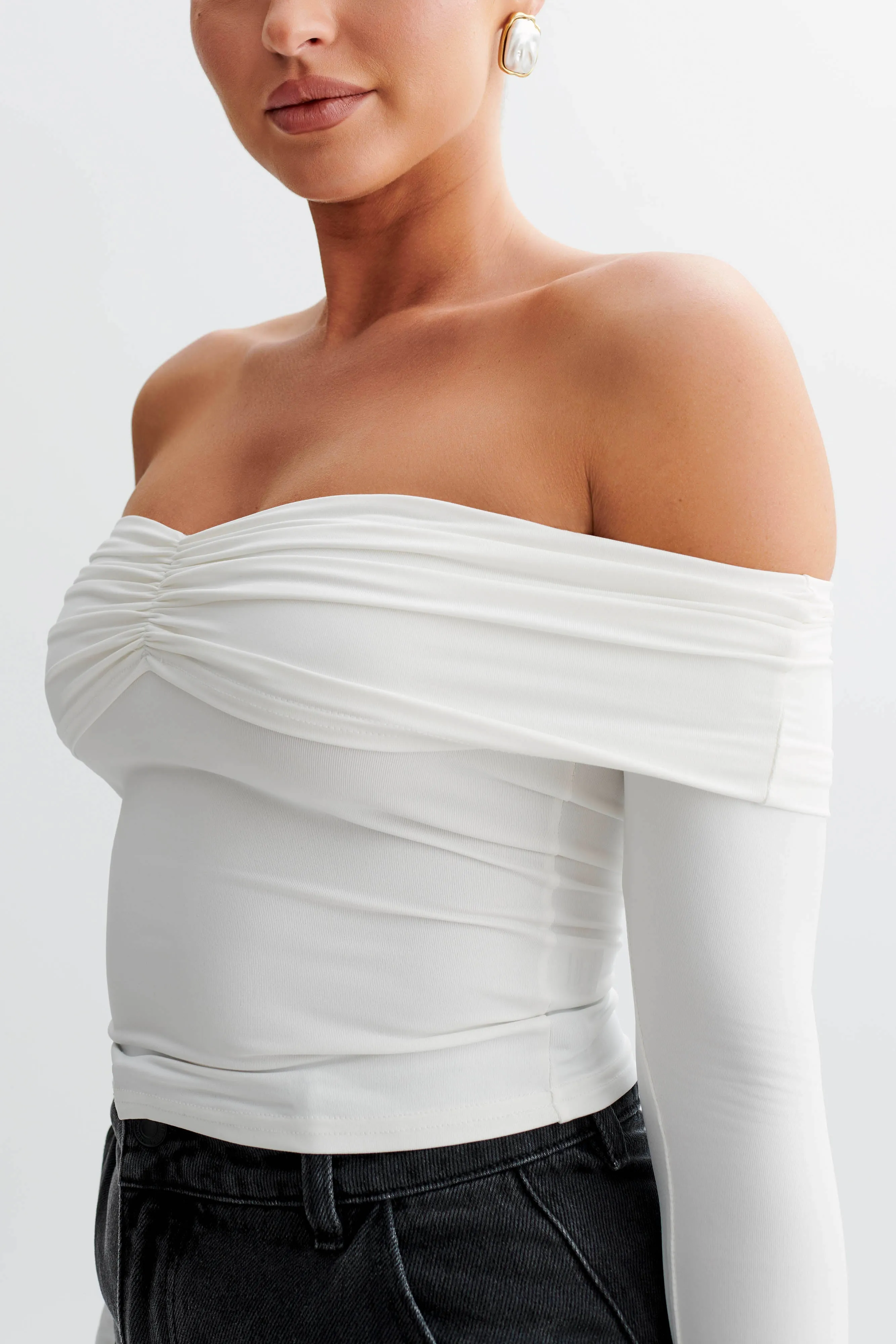 Prue Ruched Off Shoulder Long Sleeve Top - White sold by Meshki product image thumbnail 3