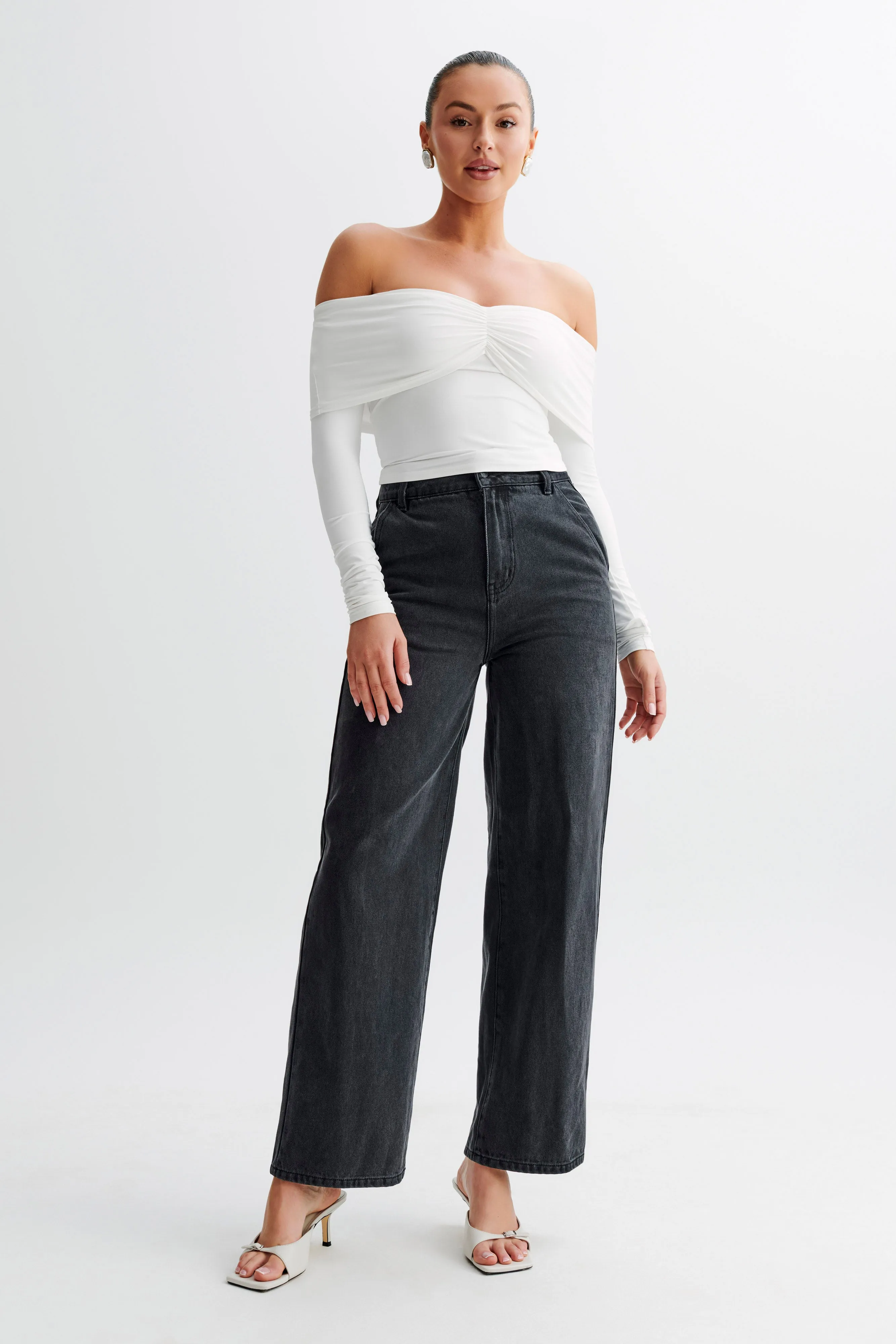 Prue Ruched Off Shoulder Long Sleeve Top - White sold by Meshki product image thumbnail 4