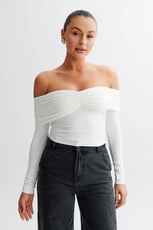 Prue Ruched Off Shoulder Long Sleeve Top - White sold by Meshki