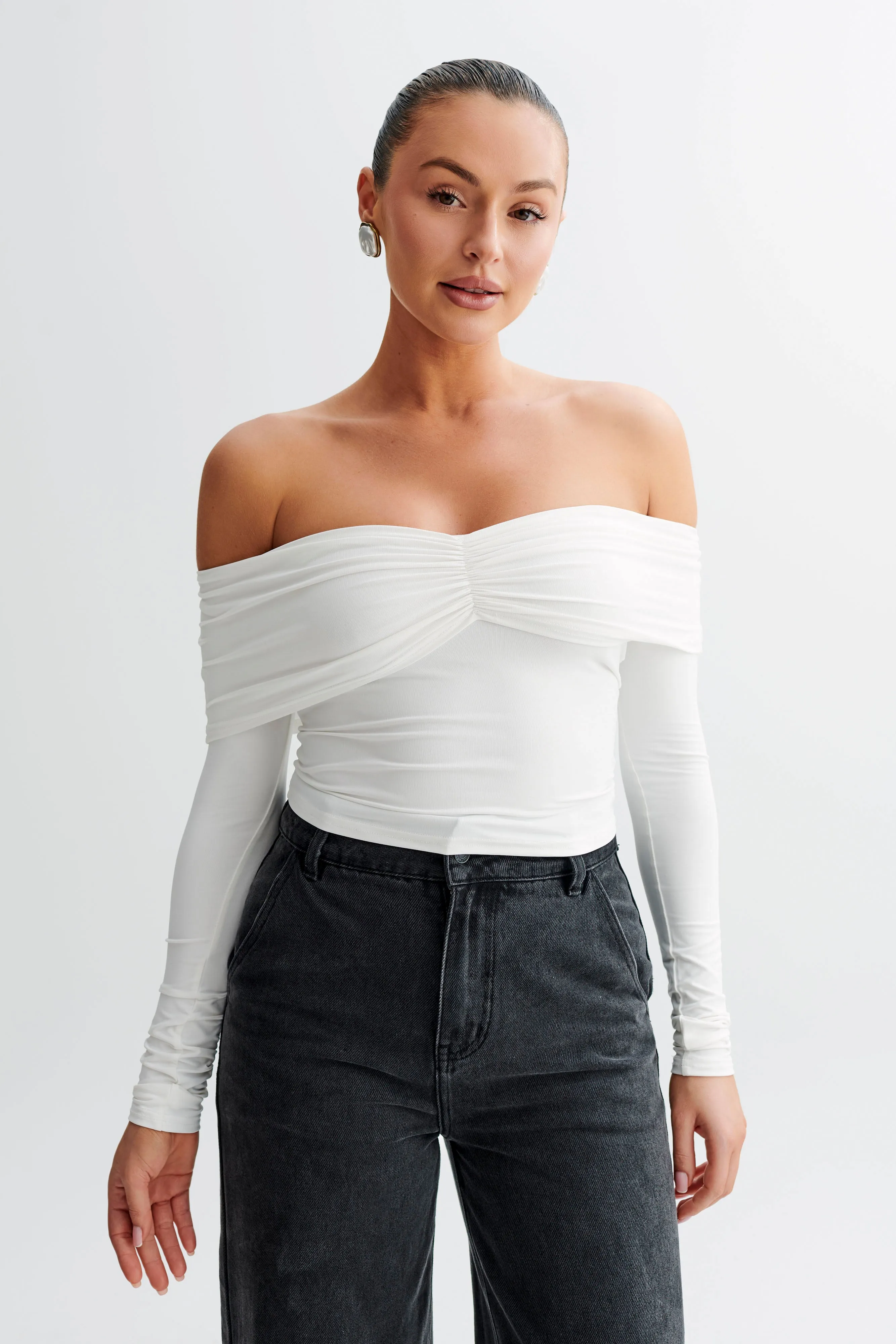 Prue Ruched Off Shoulder Long Sleeve Top - White sold by Meshki