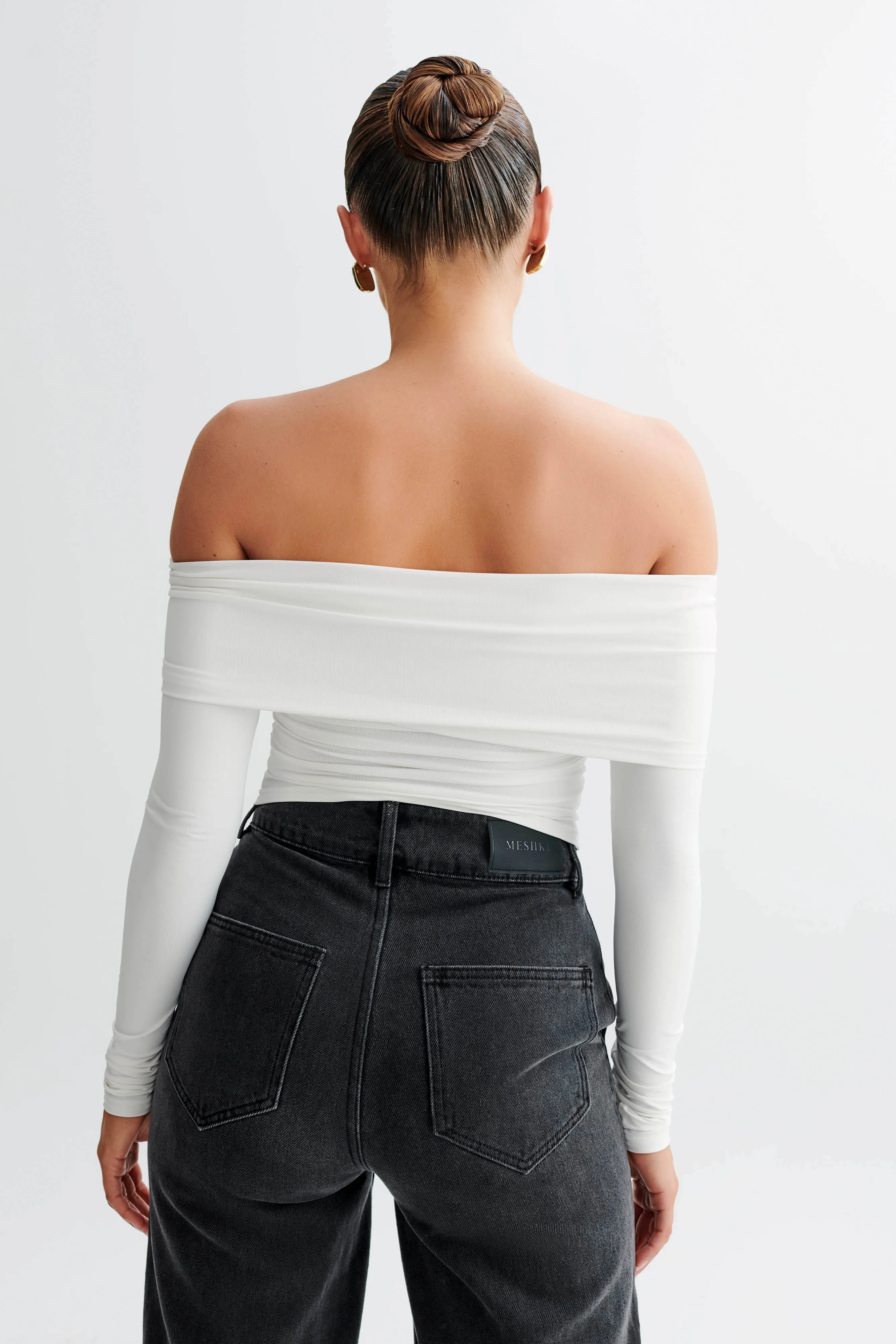 Prue Ruched Off Shoulder Long Sleeve Top - White sold by Meshki product image thumbnail 2