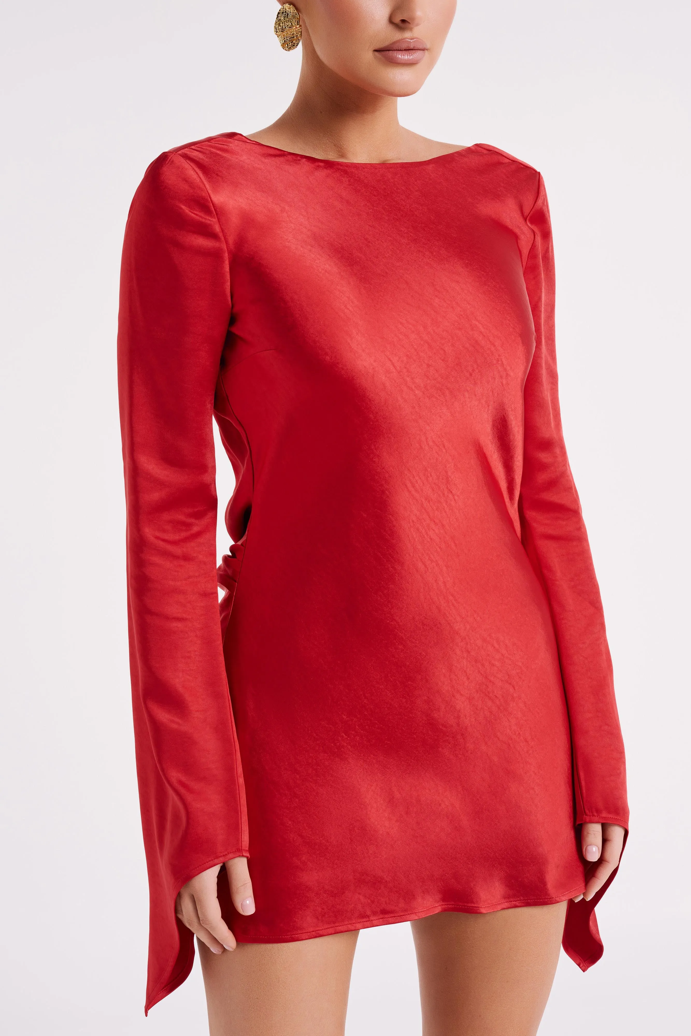 Davina Satin Long Sleeve Mini Dress - Red sold by Meshki product image thumbnail 4