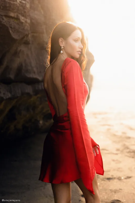 Davina Satin Long Sleeve Mini Dress - Red sold by Meshki
