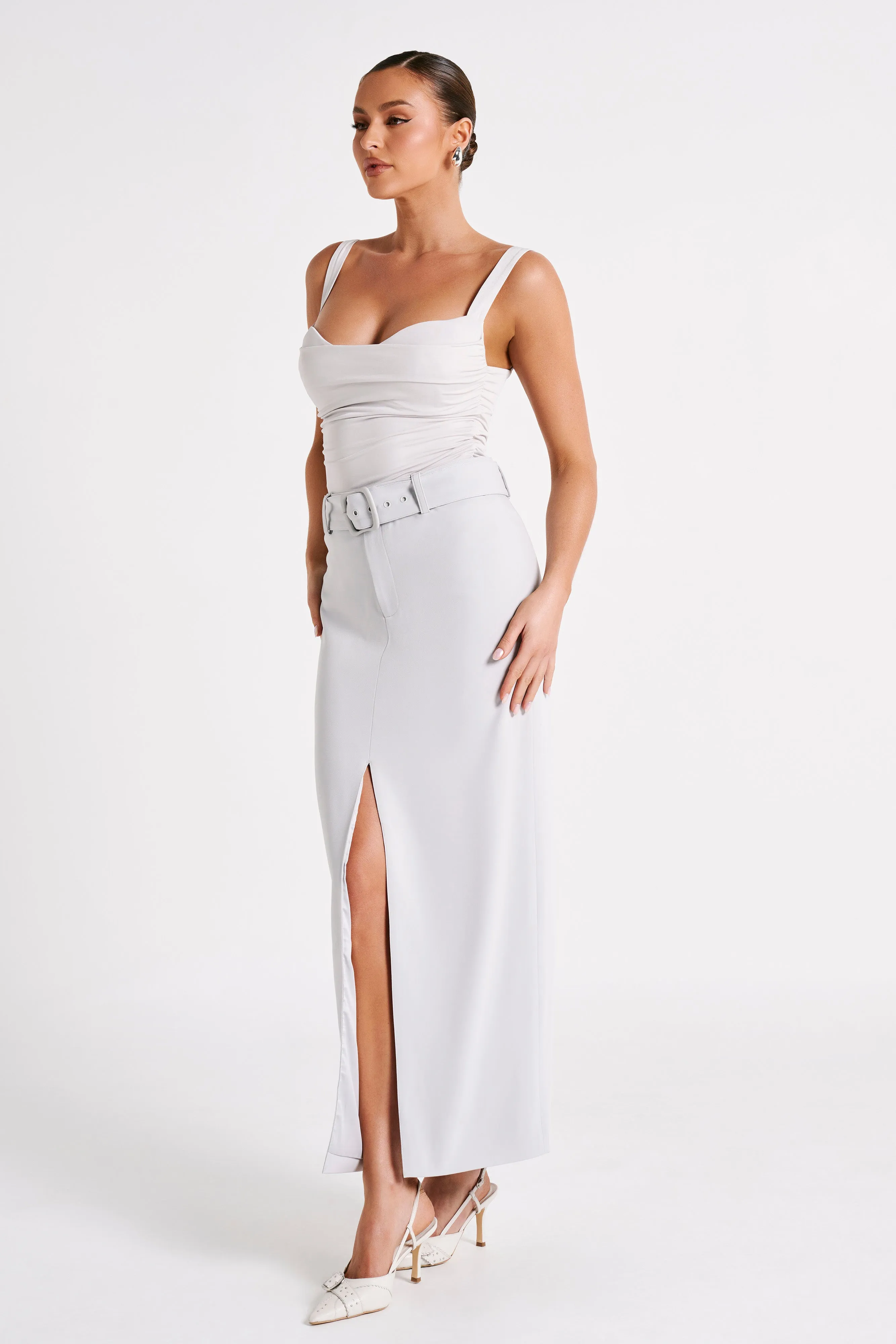 Hailey Slinky Long Line Sweetheart Top - Ice Grey sold by Meshki product image thumbnail 5