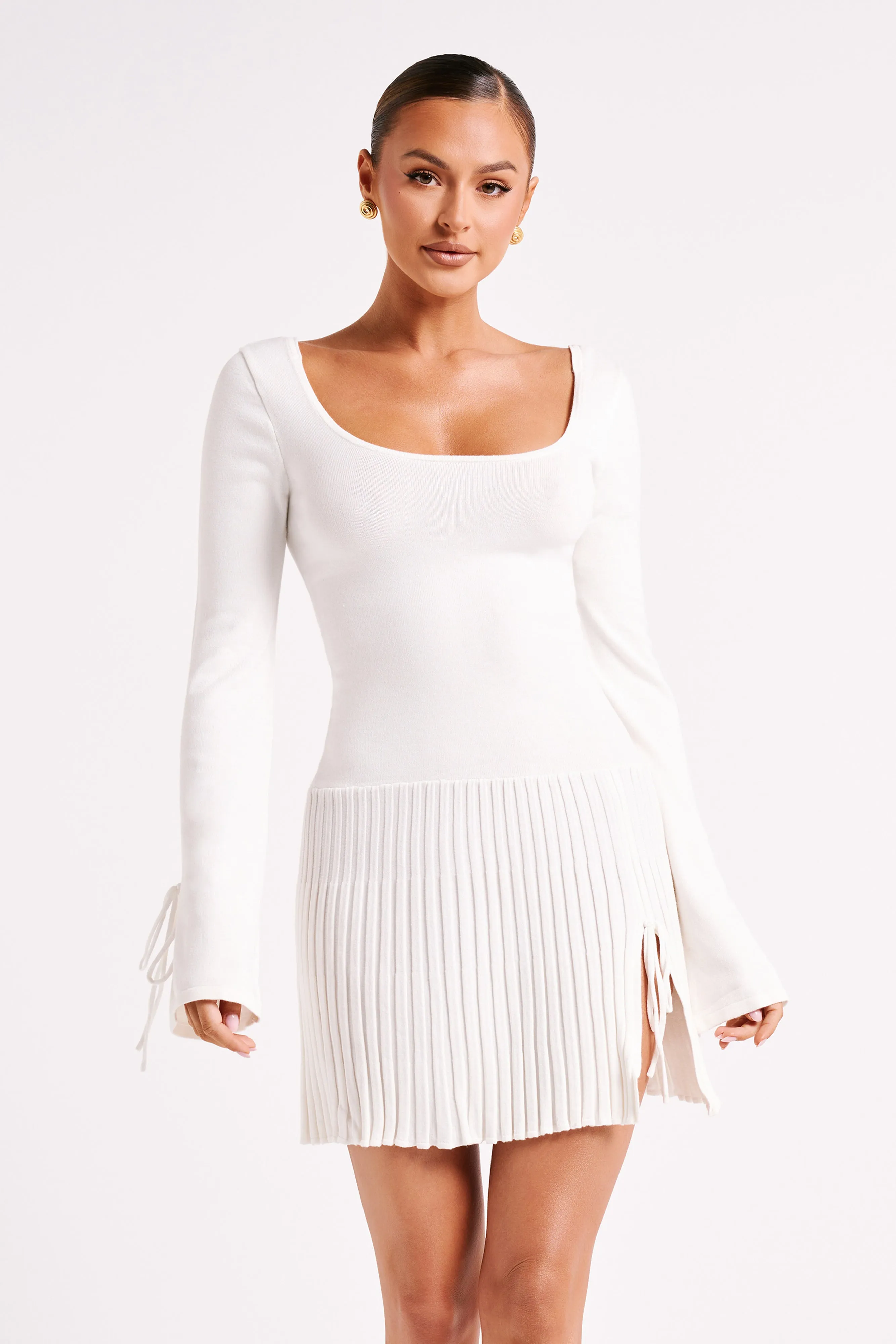 Britney Long Sleeve Knit Mini Dress - White sold by Meshki