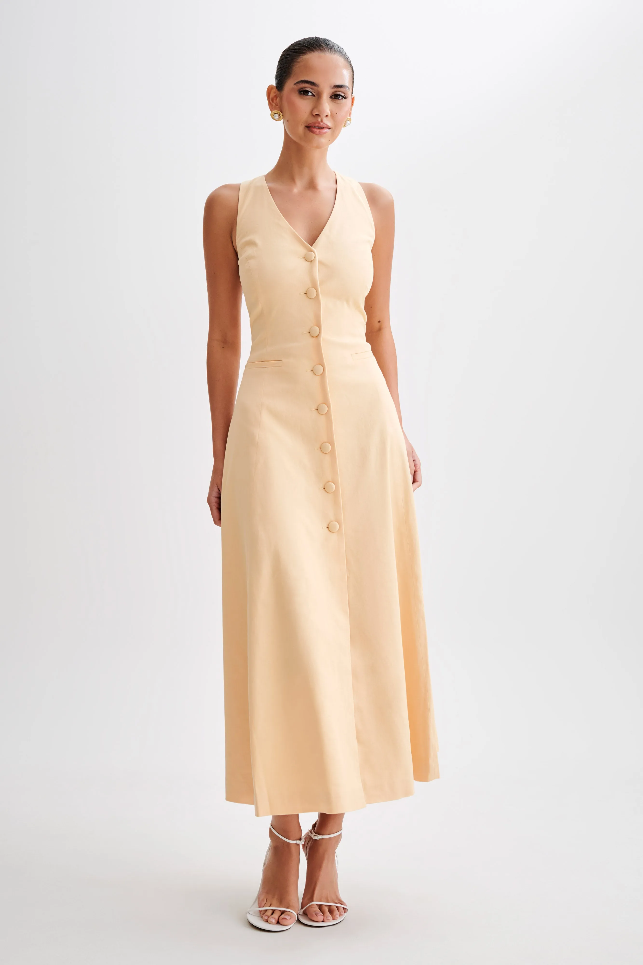 Theodora Cotton Buttoned Midi Dress - Peach sold by Meshki