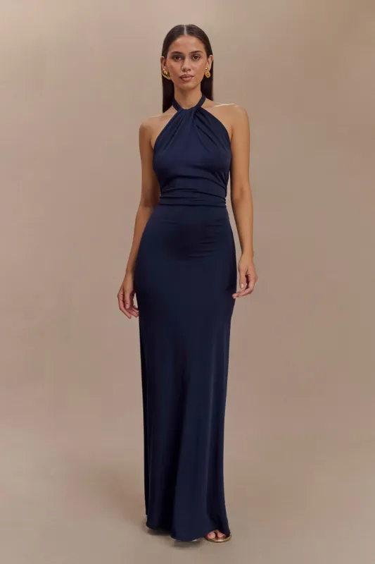 Elyna Slinky Halter Maxi Dress - Navy sold by Meshki