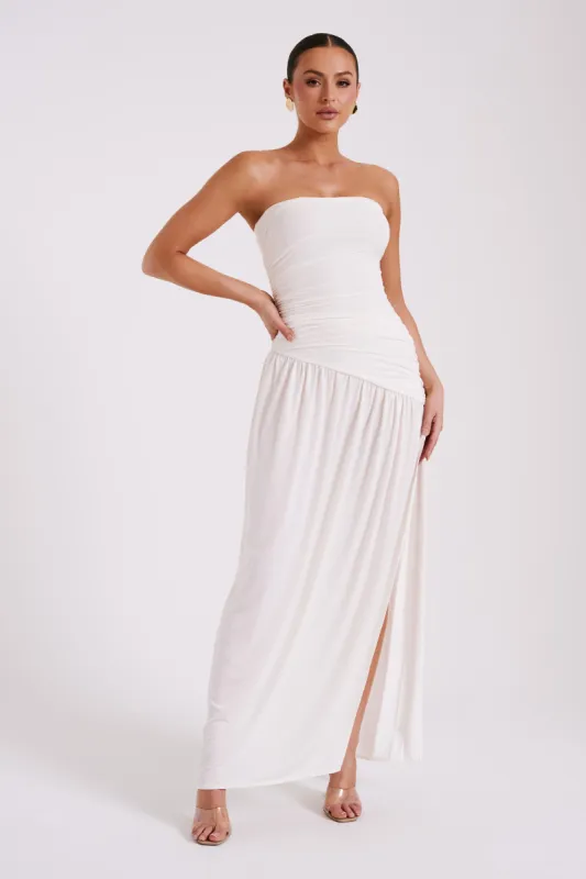 Bex Strapless Slinky Maxi Dress With Split - Ivory sold by Meshki