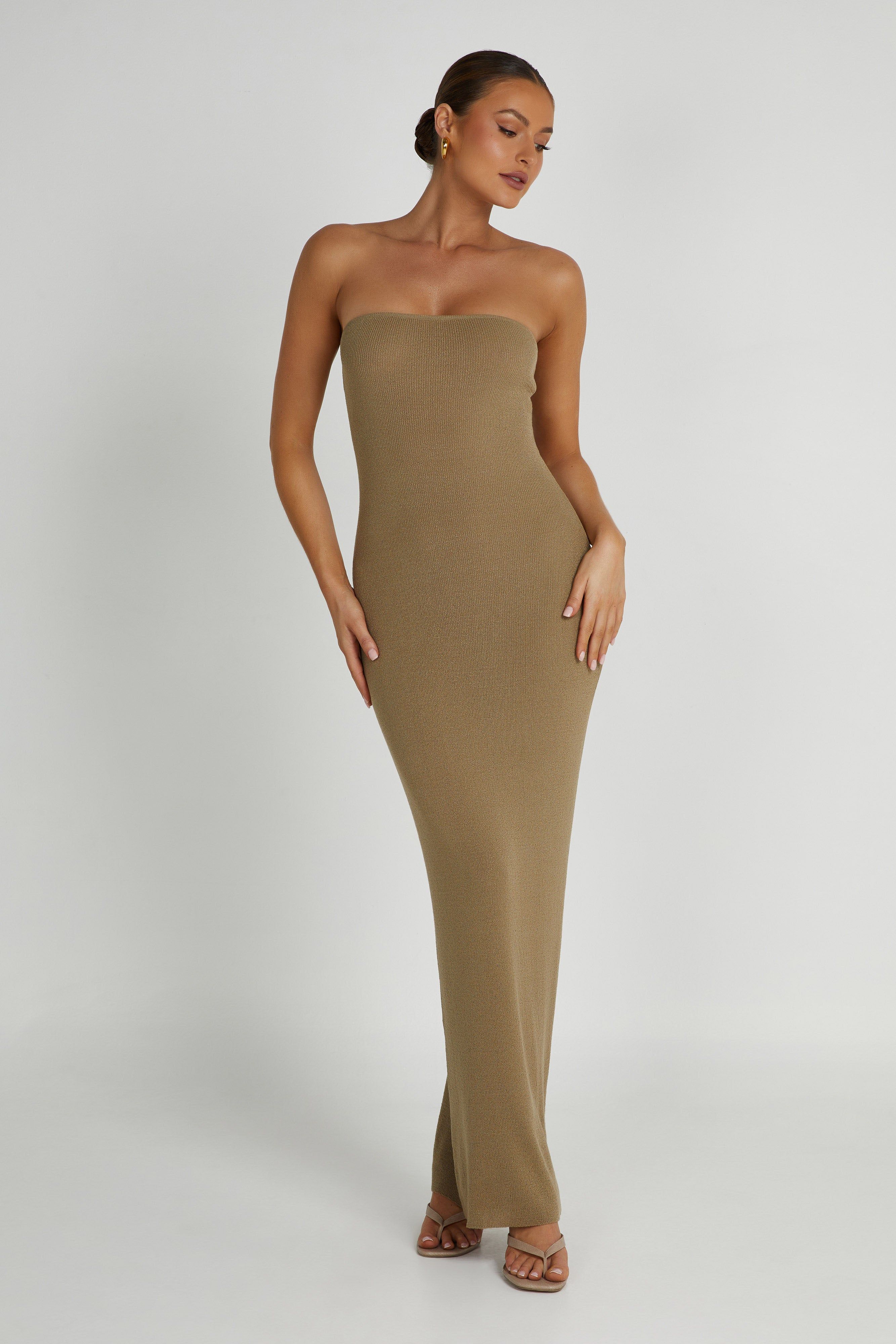 Emmy Strapless Knit Maxi Dress - Olive sold by Meshki product image thumbnail 3