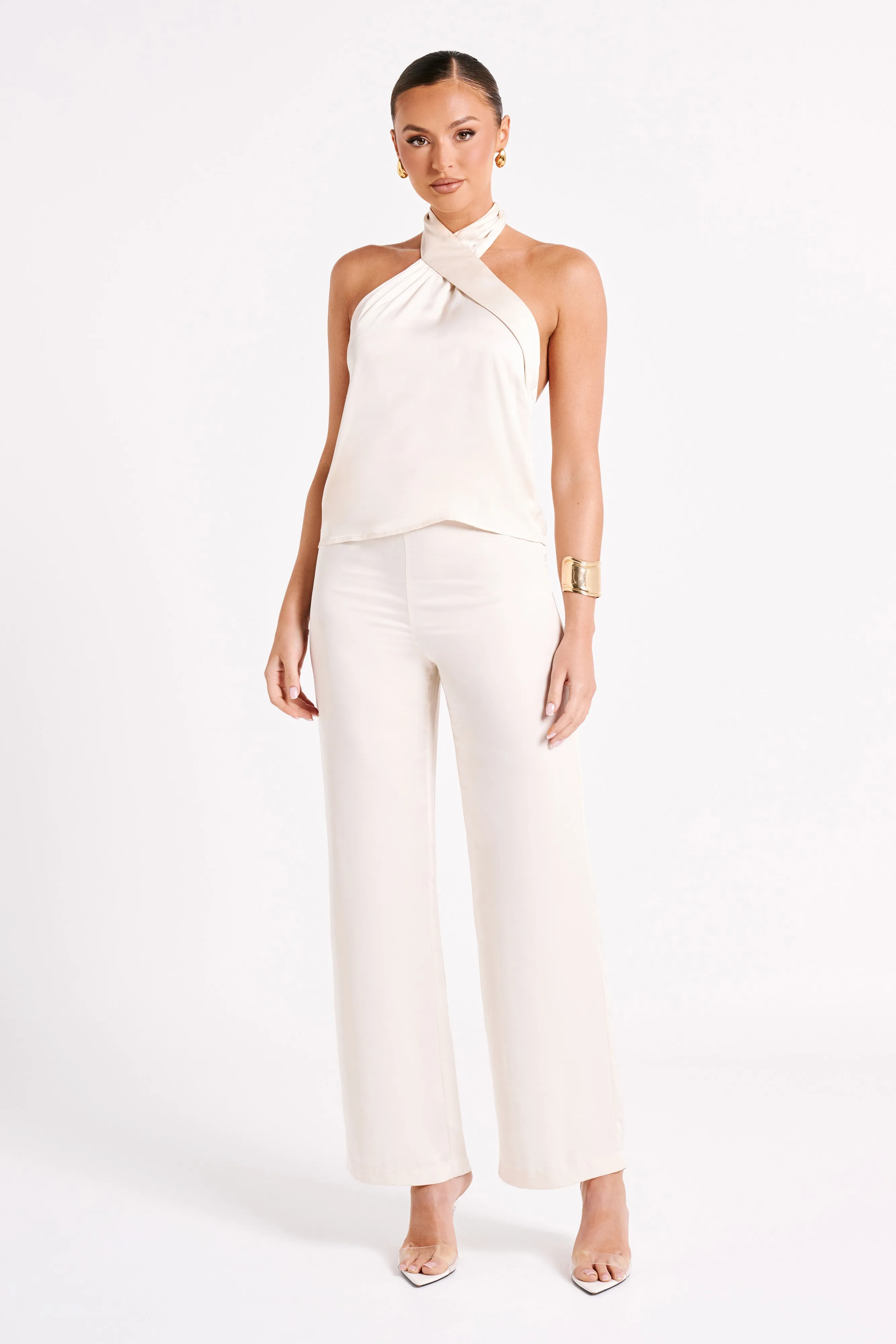 Elisa Satin Straight Leg Pant - Sand sold by Meshki product image thumbnail 3