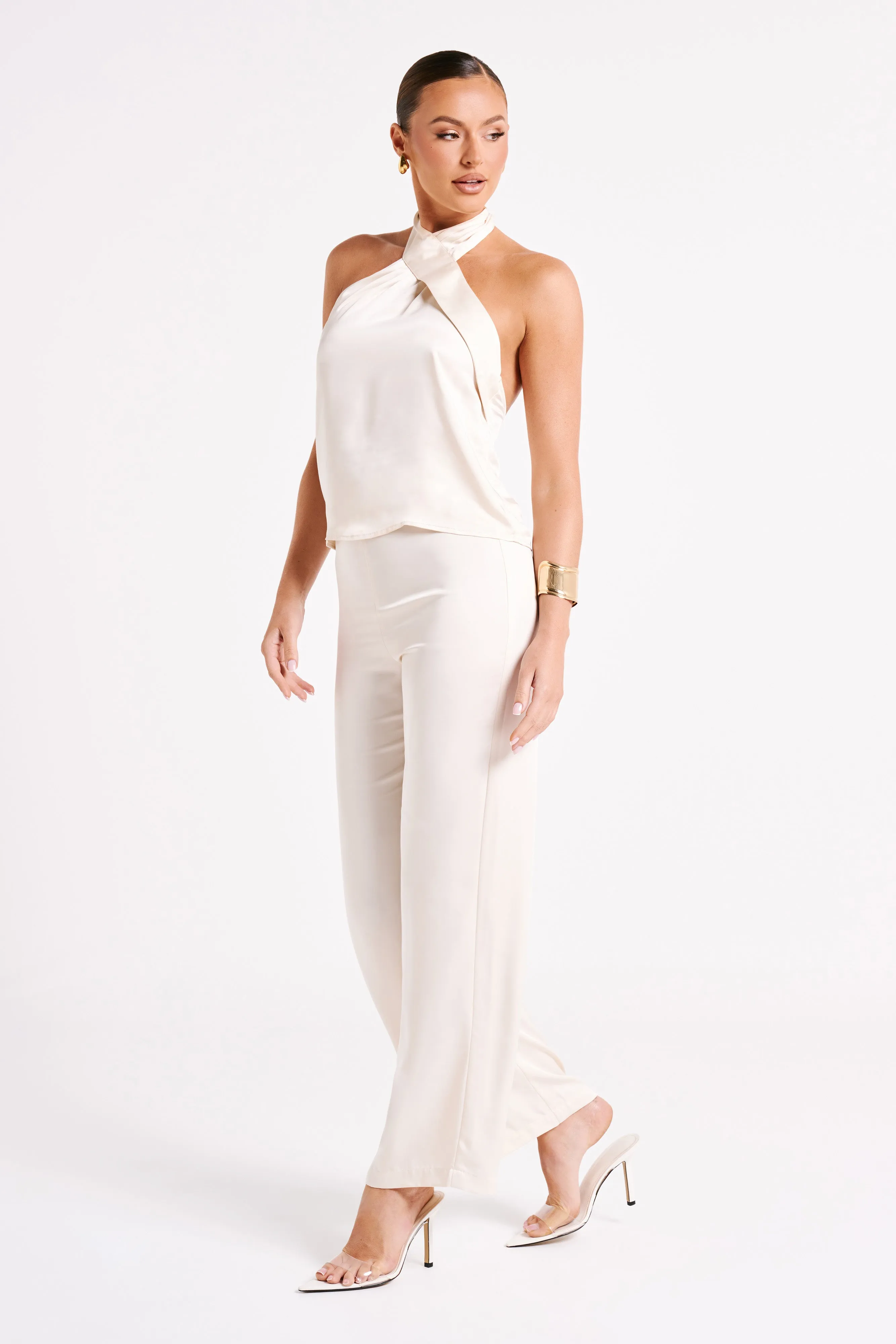 Elisa Satin Straight Leg Pant - Sand sold by Meshki product image thumbnail 4