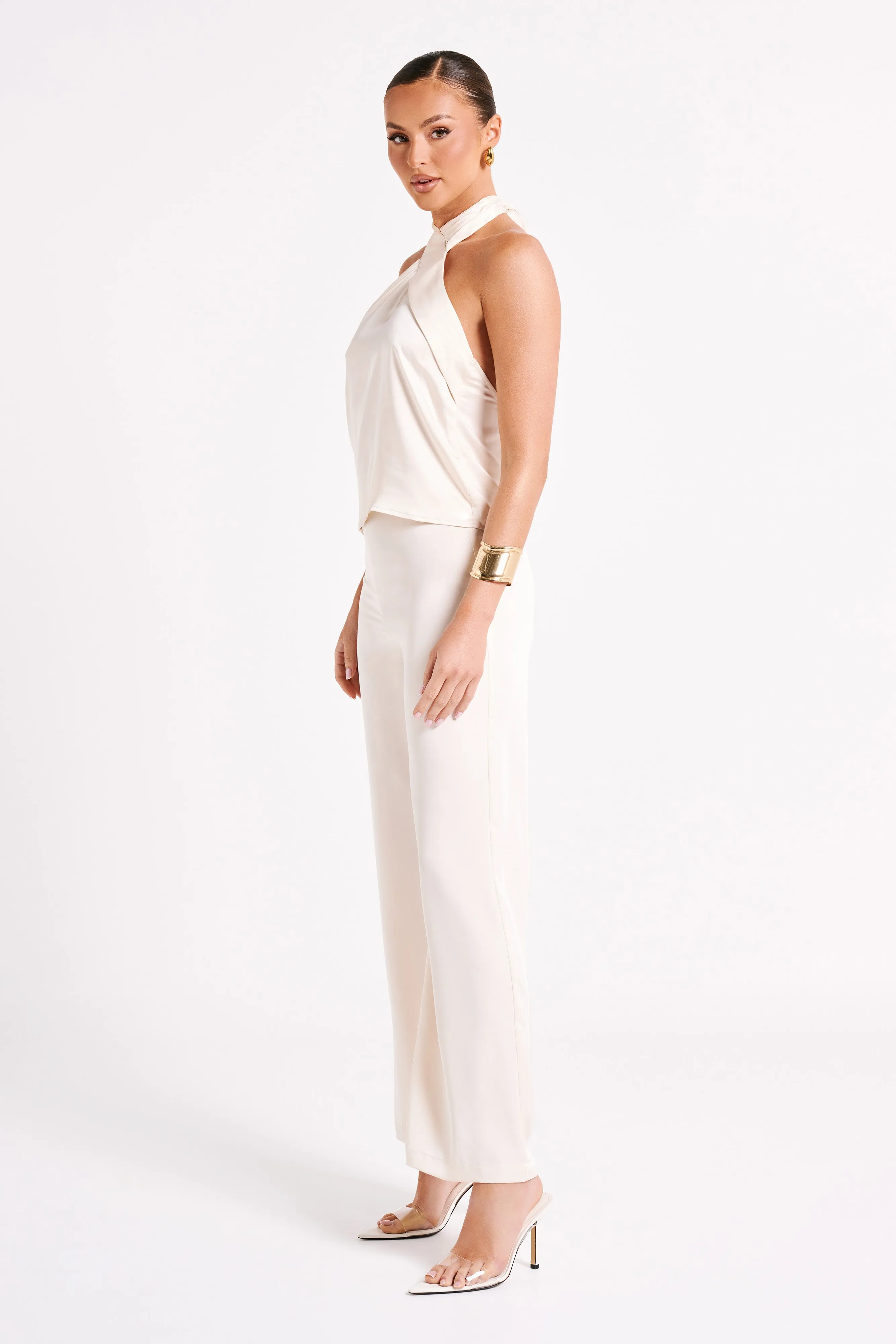 Elisa Satin Straight Leg Pant - Sand sold by Meshki product image thumbnail 5