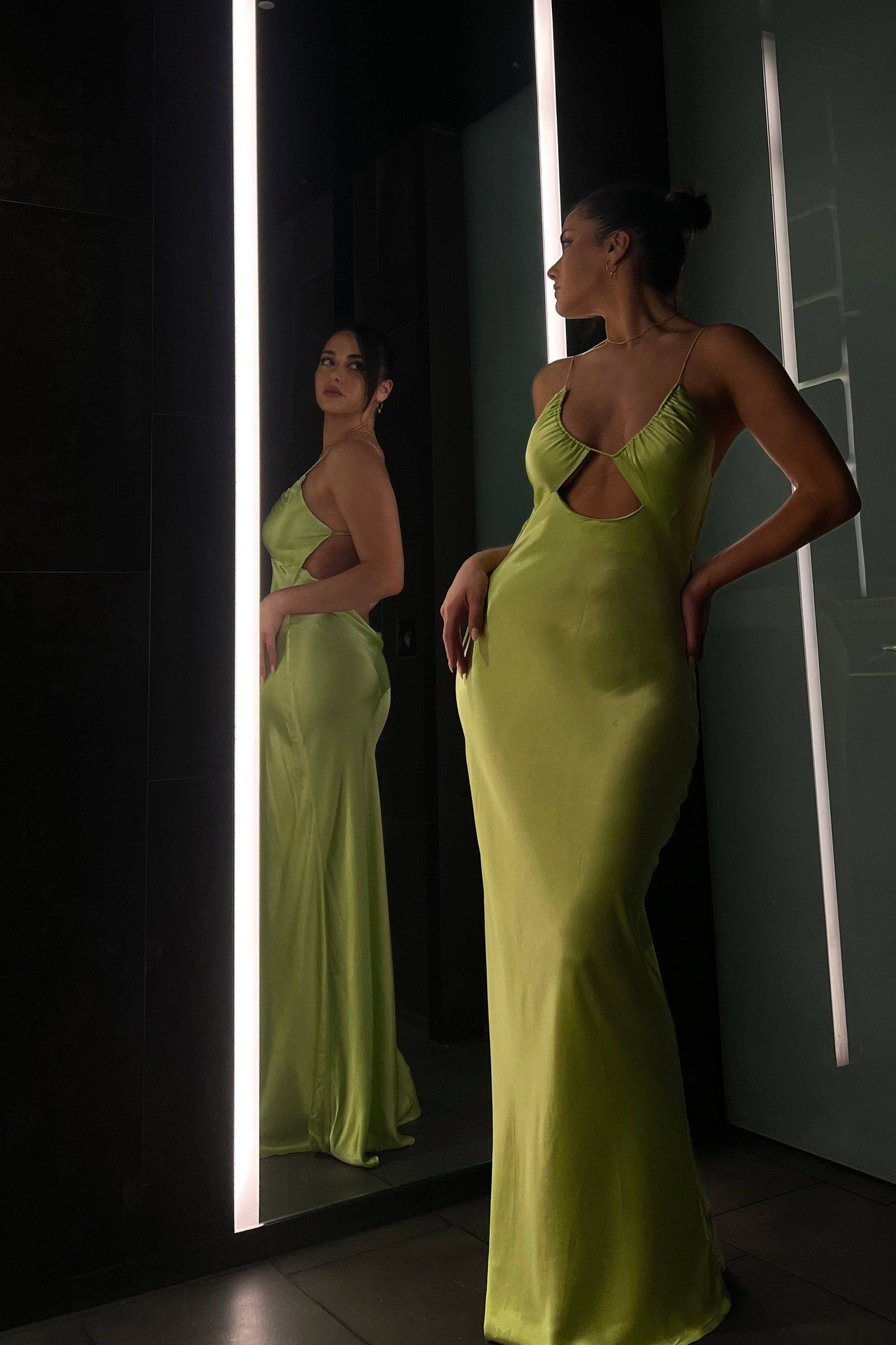 Sadie Maxi Satin Halter Ruched Slip Dress - Pistachio Green sold by Meshki