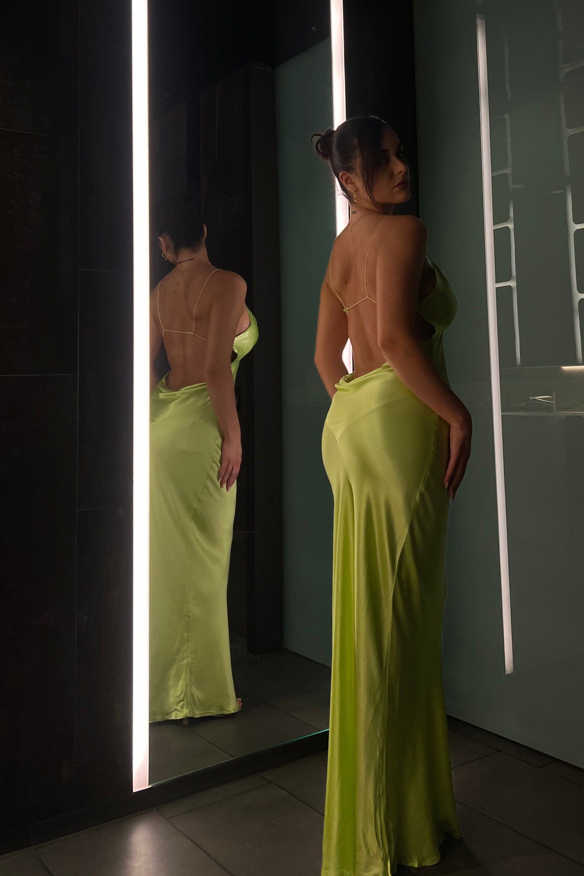 Sadie Maxi Satin Halter Ruched Slip Dress - Pistachio Green sold by Meshki product image thumbnail 2